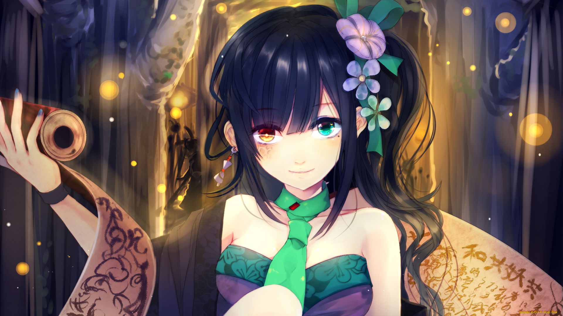 аниме, unknown, , другое, галстук, девушка, свиток, цветы