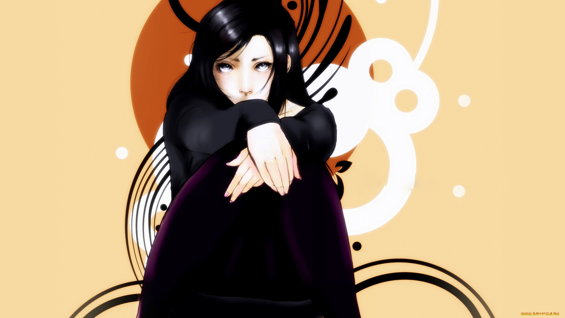 аниме, unknown, , другое, круги, сидит, девушка, взгляд, узоры