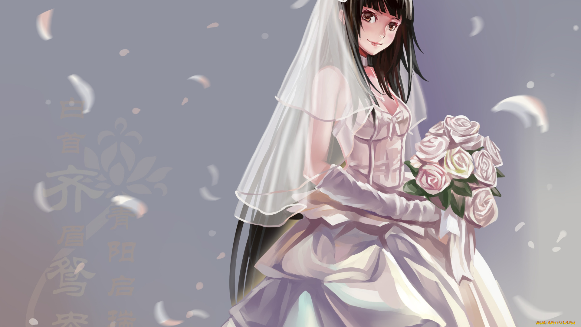 аниме, unknown, , другое, свадебное, платье, улыбка, девушка, xiamianliele, art, лепестки, букет
