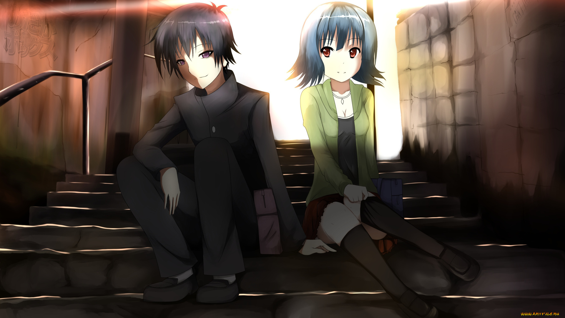 аниме, unknown, , другое, свет, сидя, школьники, парень, девушка, ступеньки, hewsack, арт