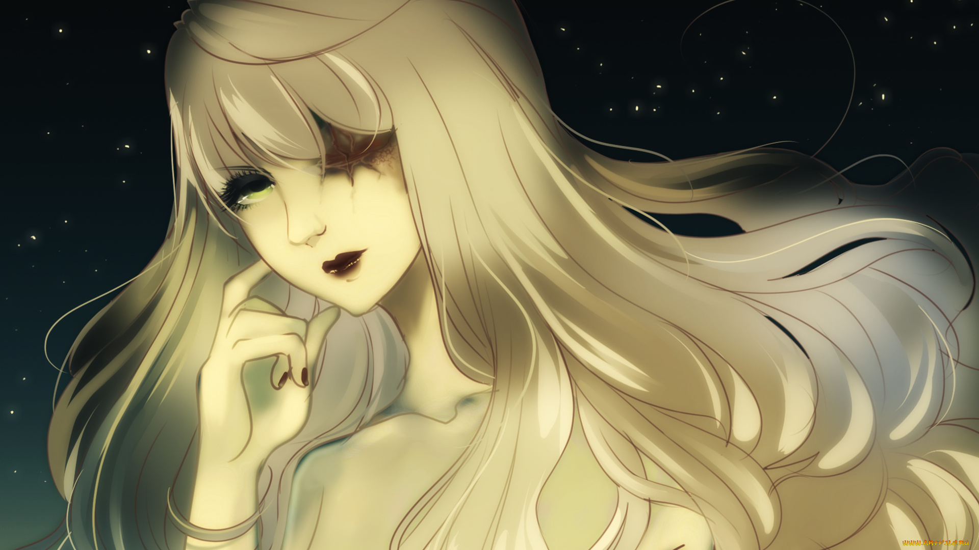 аниме, unknown, , другое, светлые, волосы, один, глаз, искры, шрам, девушка