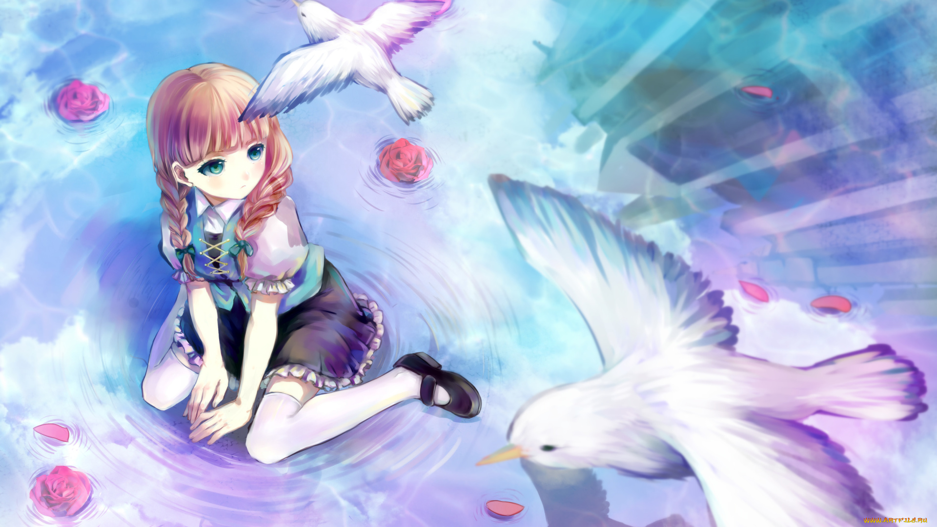 аниме, животные, , существа, nihility, арт, вода, птицы, цветы, девочка