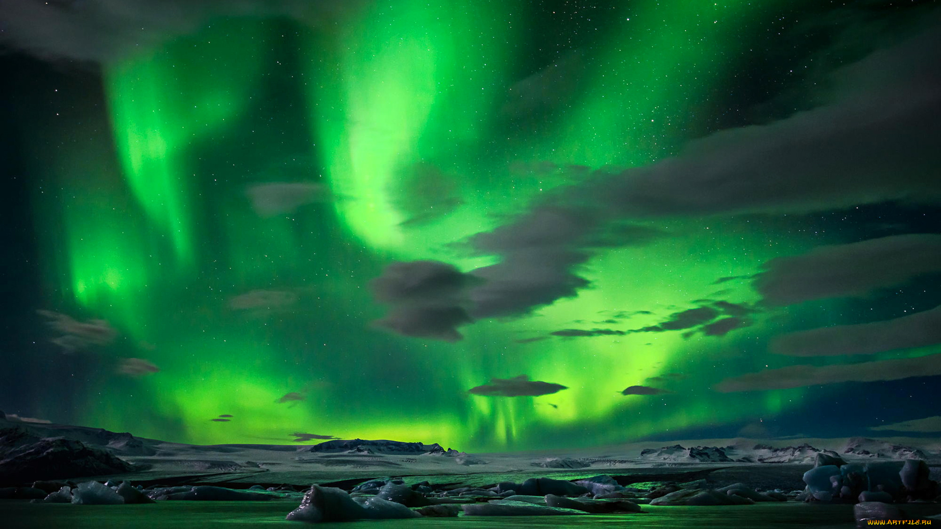 природа, северное, сияние, зима, лед, ночь, звезды, небо, тороссы