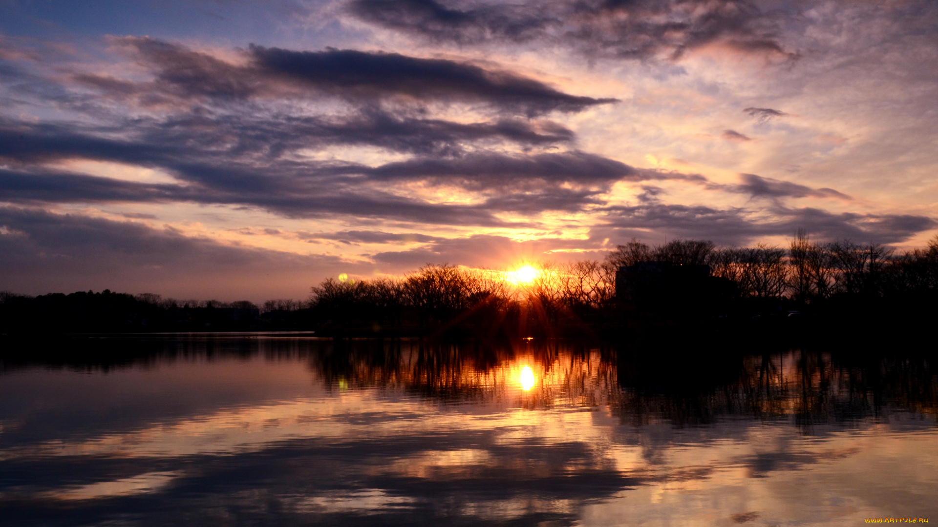 природа, восходы, закаты, закат, солнце, озеро, облака
