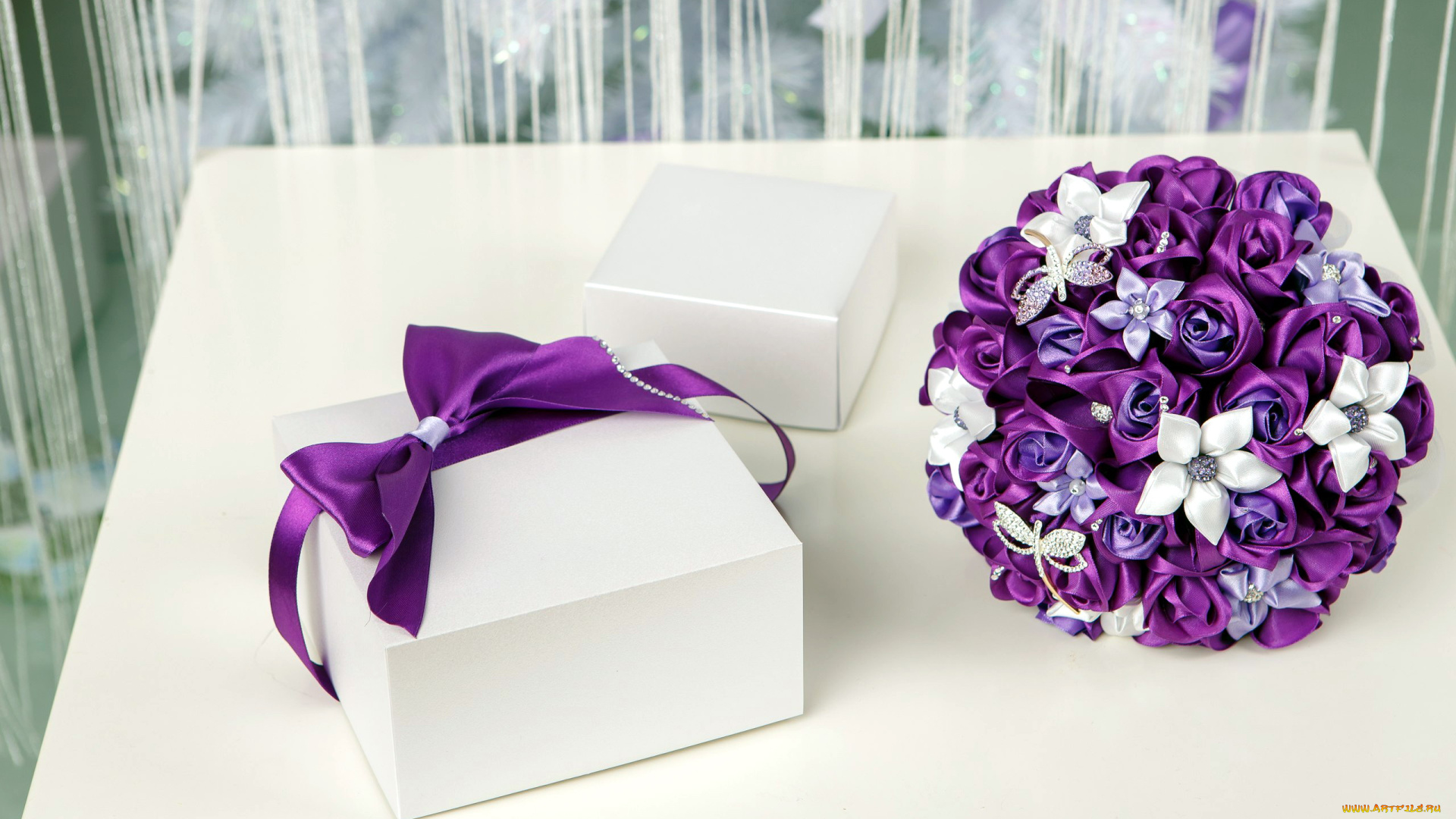 разное, ремесла, , поделки, , рукоделие, искусственный, лиловый, бант, коробка, букет
