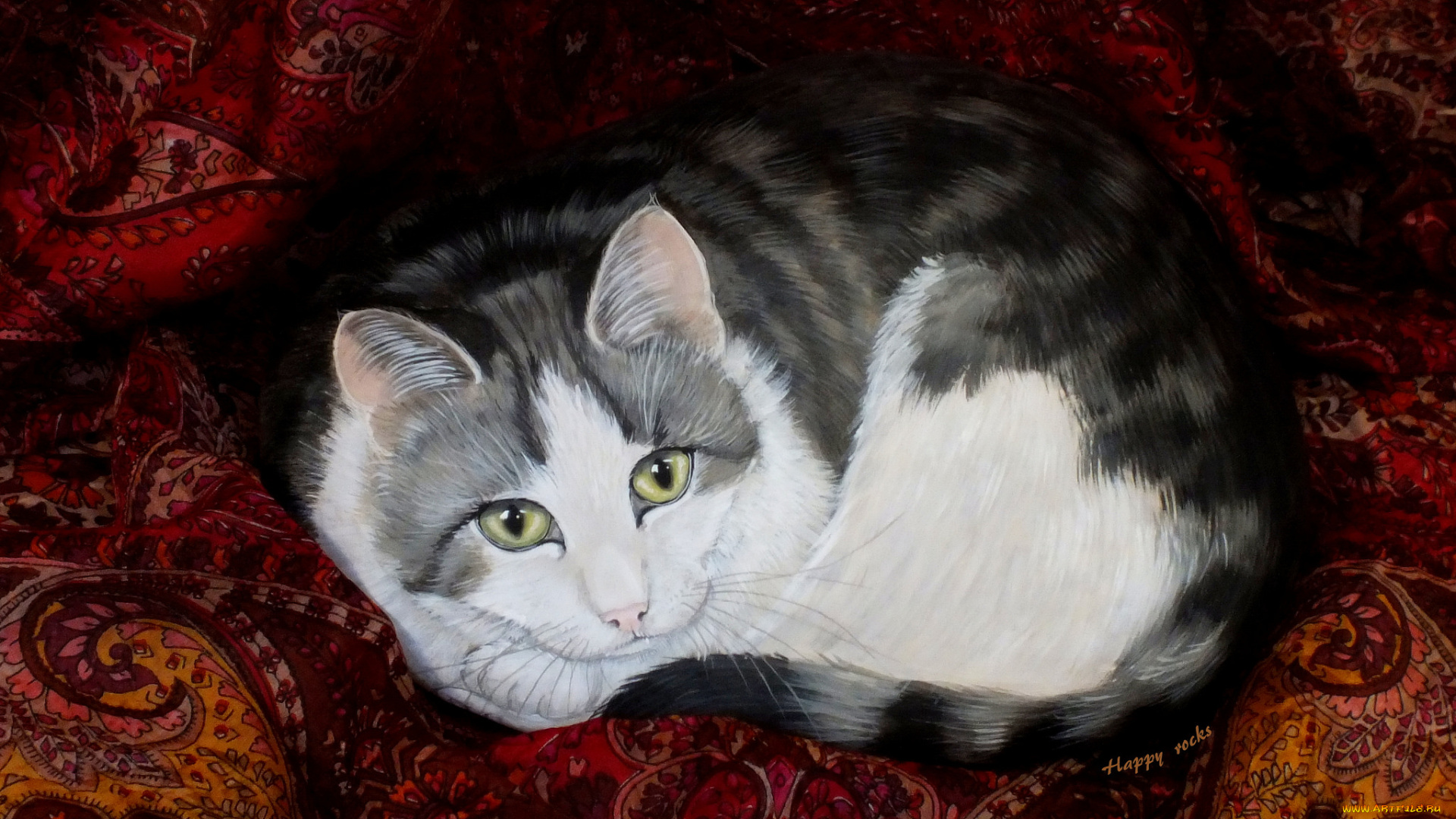 разное, ремесла, , поделки, , рукоделие, рисунок, кот, камень, ткань