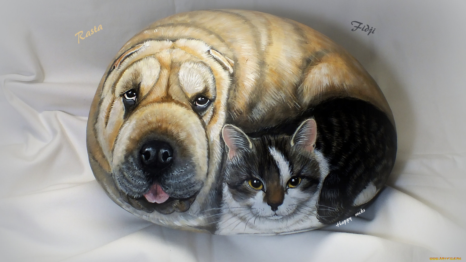 разное, ремесла, , поделки, , рукоделие, рисунок, кот, камень, ткань, собака