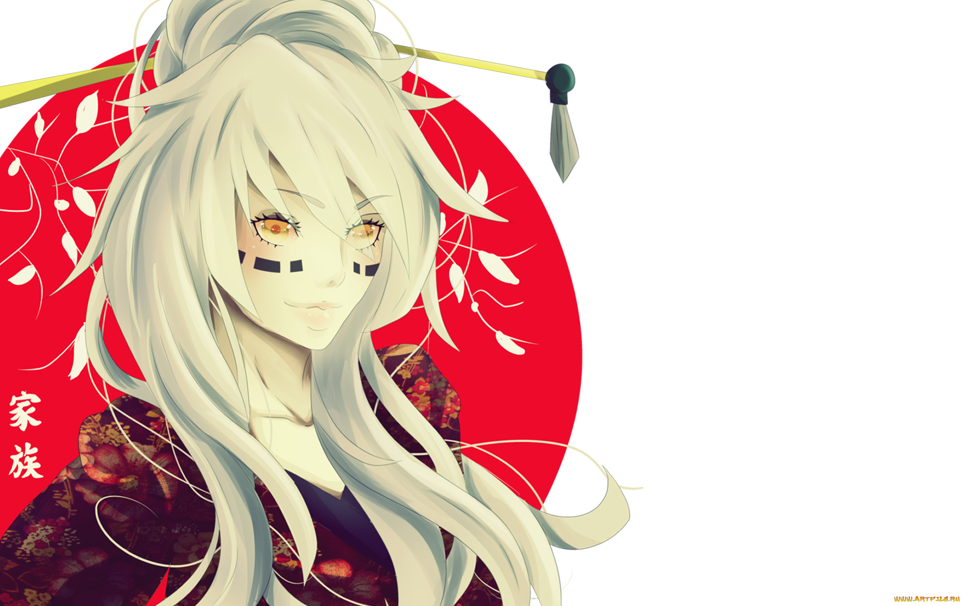 аниме, unknown, , другое, блондинка, девушка, ветки, желтые, глаза, улыбка, красный, диск, метки, иероглифы