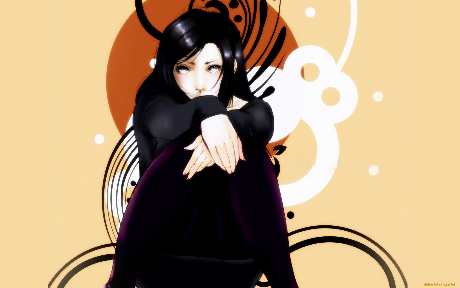 аниме, unknown, , другое, круги, сидит, девушка, взгляд, узоры