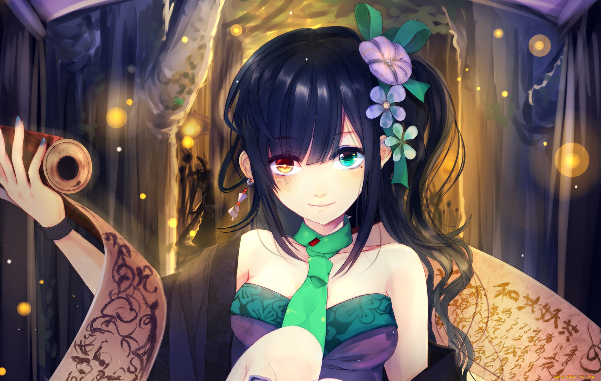 аниме, unknown, , другое, галстук, девушка, свиток, цветы