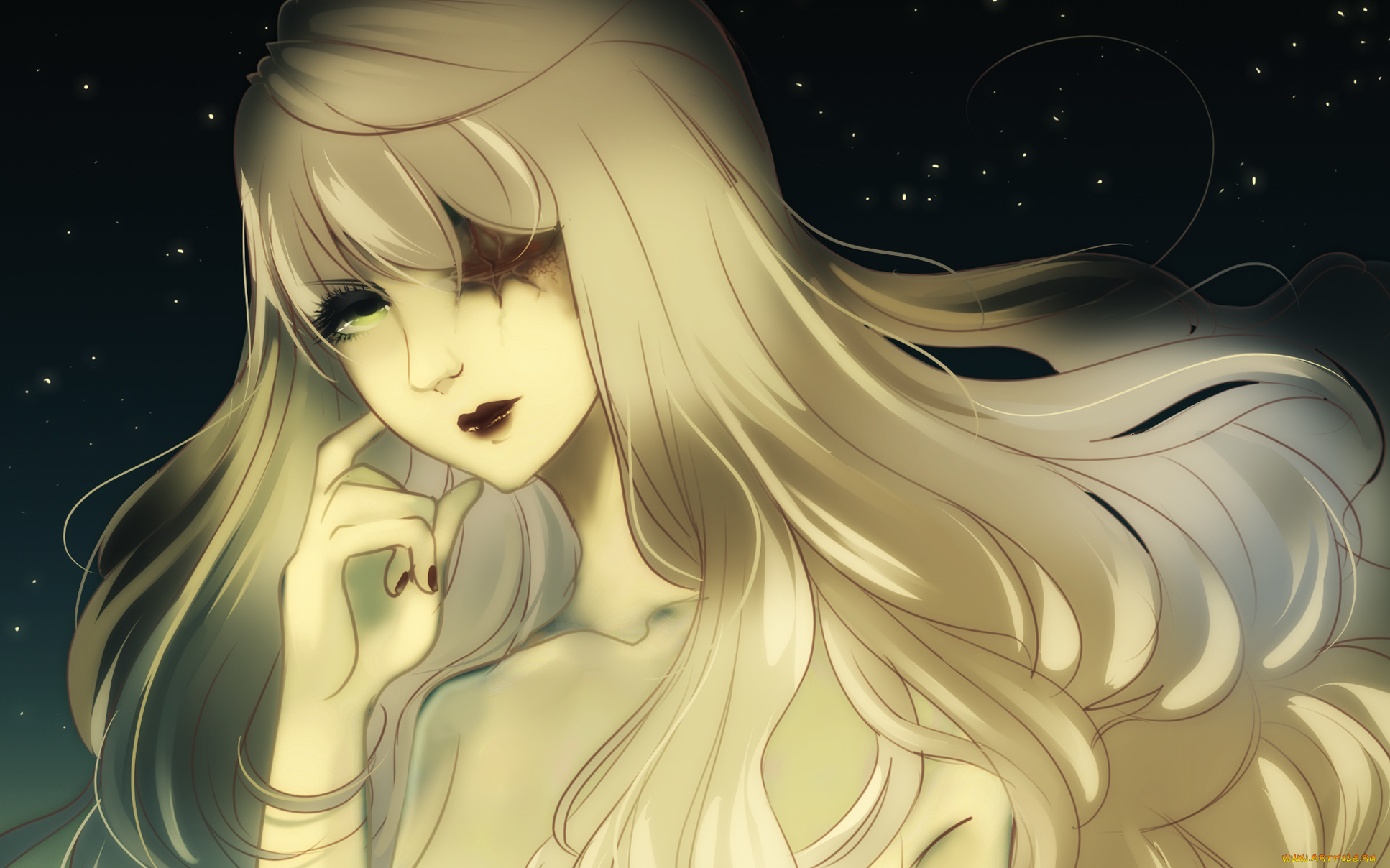 аниме, unknown, , другое, светлые, волосы, один, глаз, искры, шрам, девушка