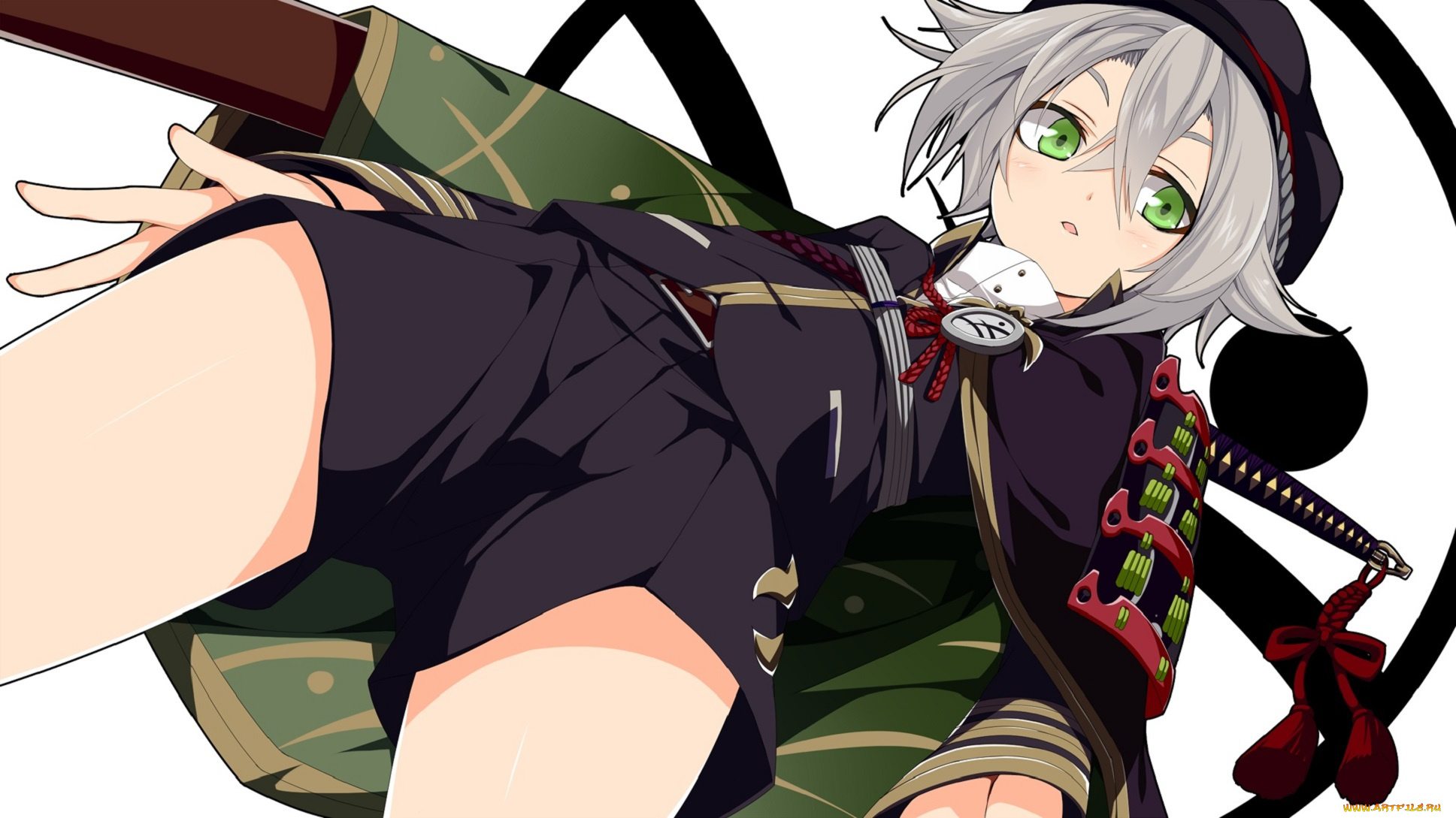 touken, ranbu, аниме, оружие, , техника, , технологии, девушка, арт, глаза, зелёные, touken, ranbu, меч, взгляд, sakurame, hotarumaru