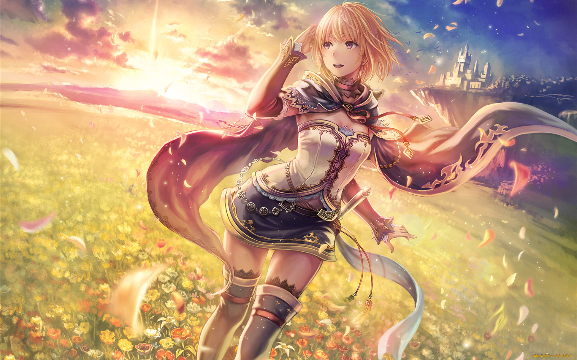 аниме, unknown, , другое, девушка, лепестки, ветер, замок, закат