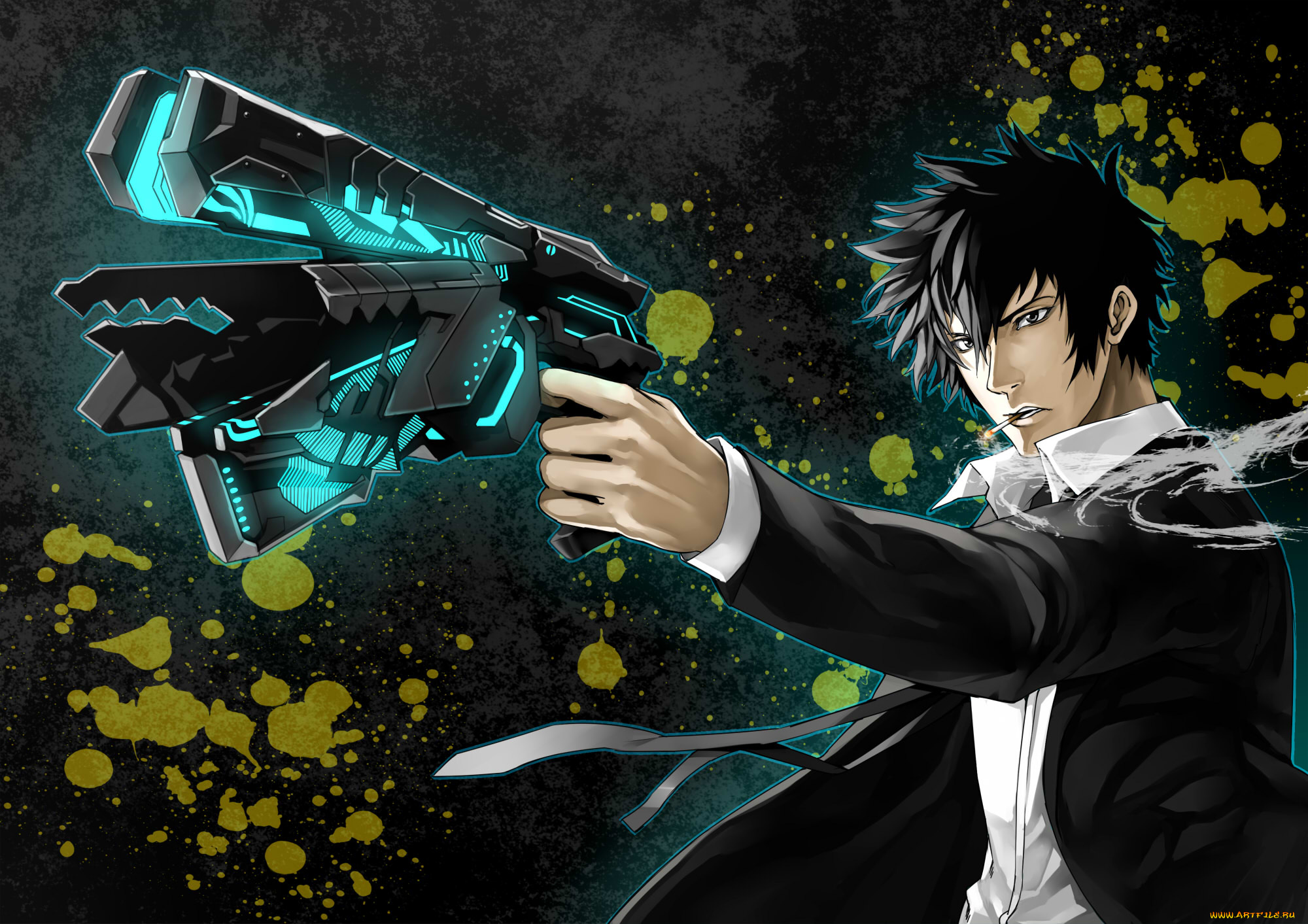 аниме, psycho-pass, kougami, shinya, сигарета, пистолет, оружие, парень, er-mint