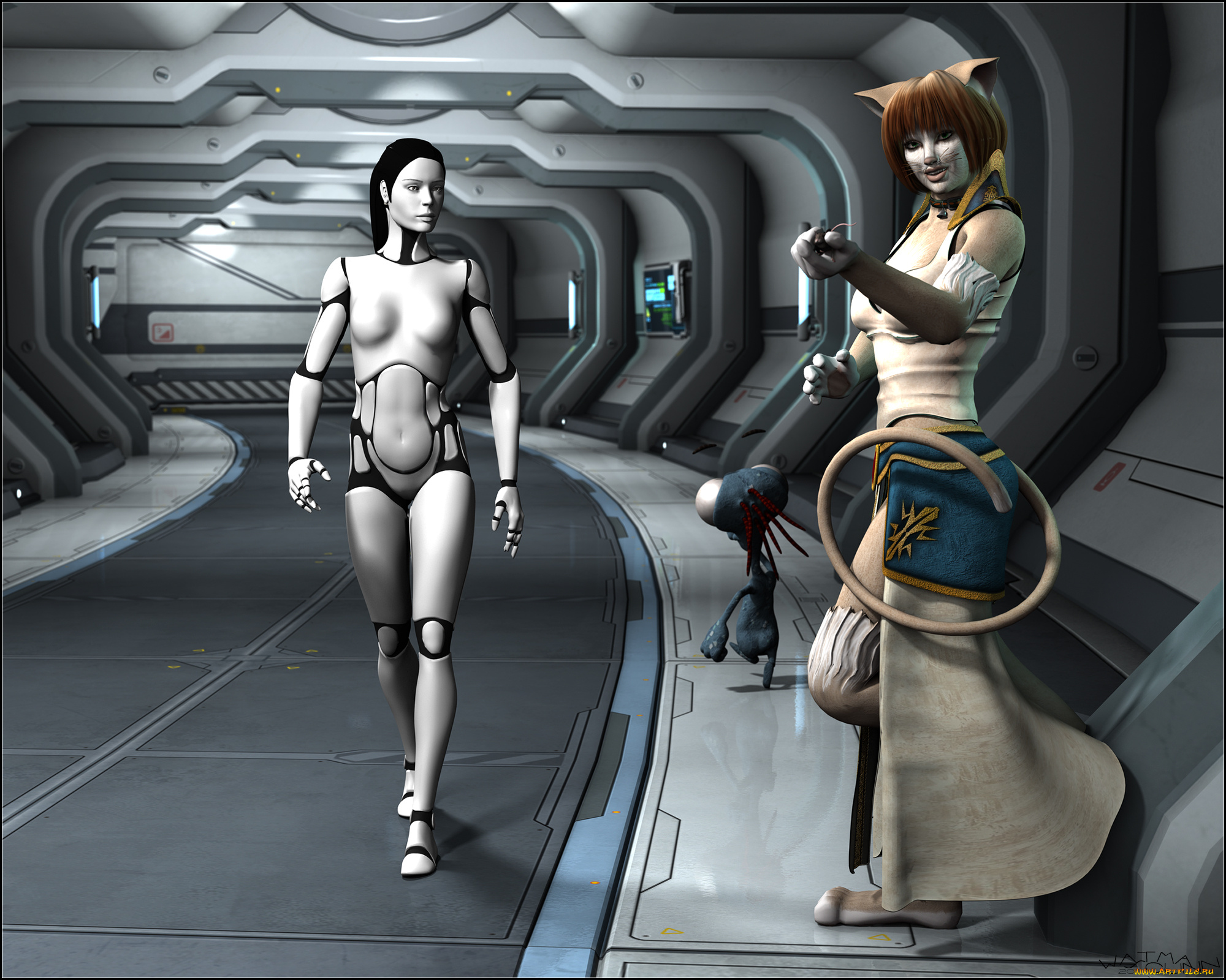 3д, графика, _science, fiction, фон, взгляд, киборги, девушка