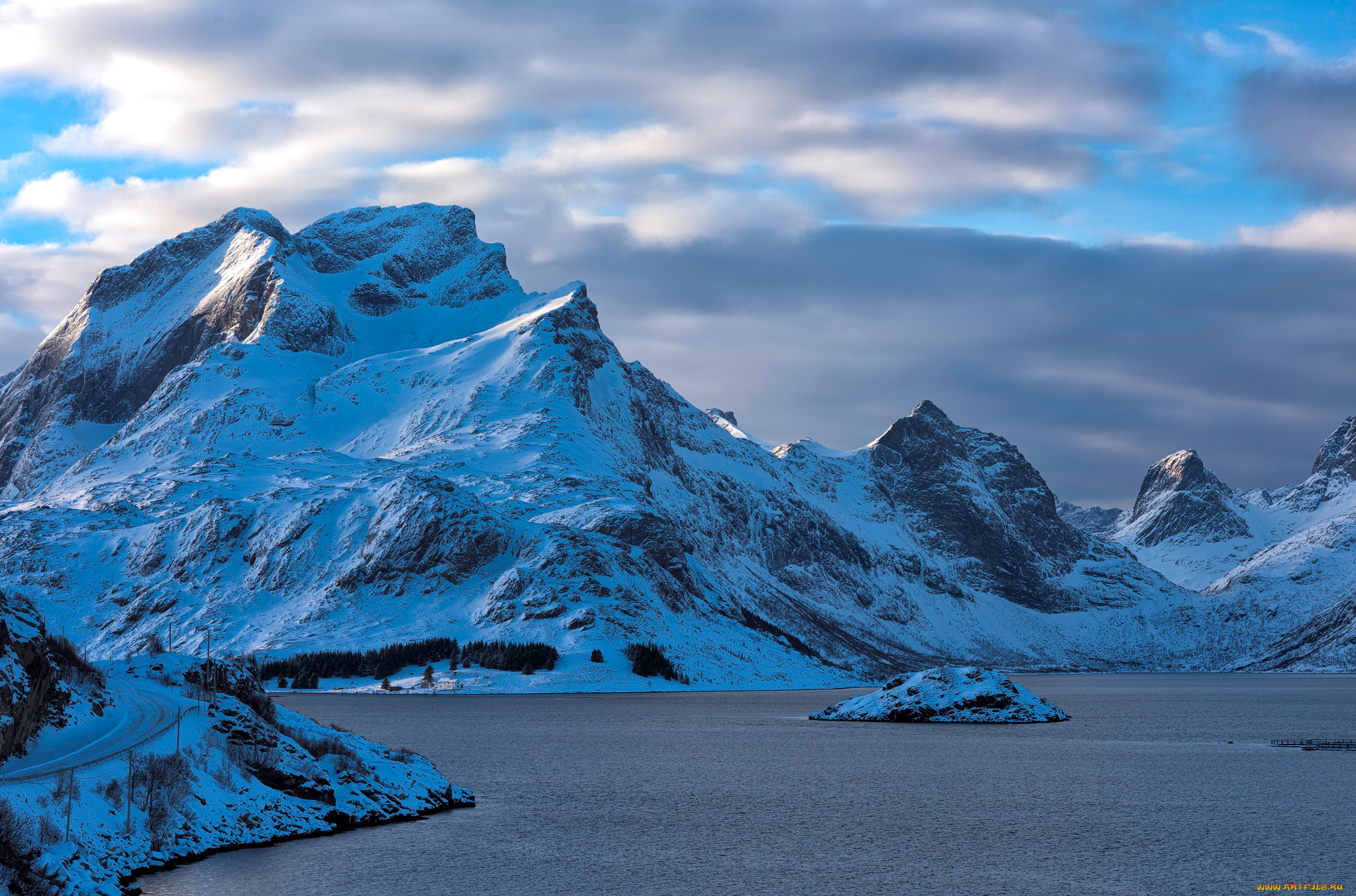 природа, горы, небо, облака, снег, озеро, зима