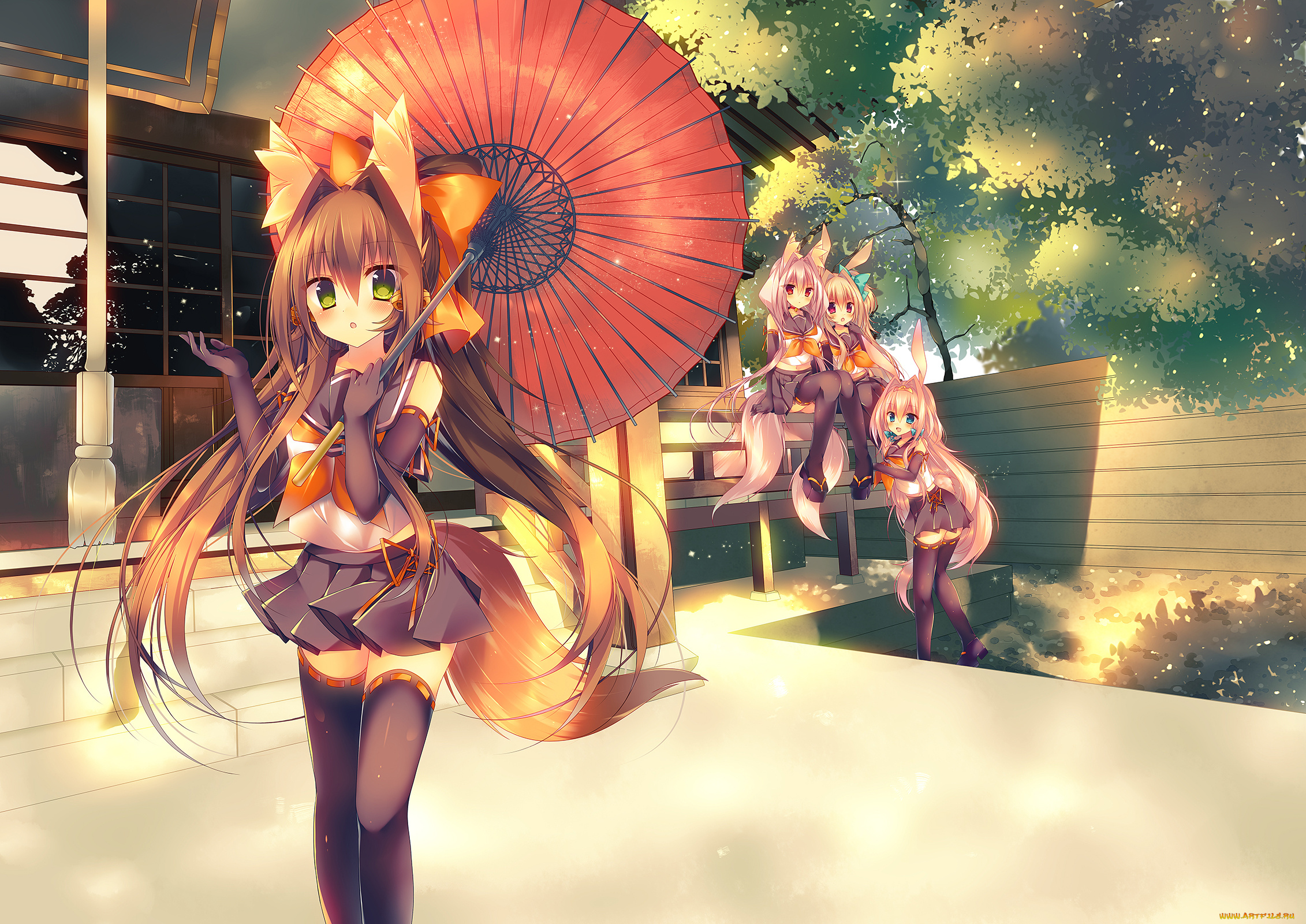 аниме, животные, , существа, зонтики, зелень, деревья, девушки, арт, saichuu, хвосты, ушки