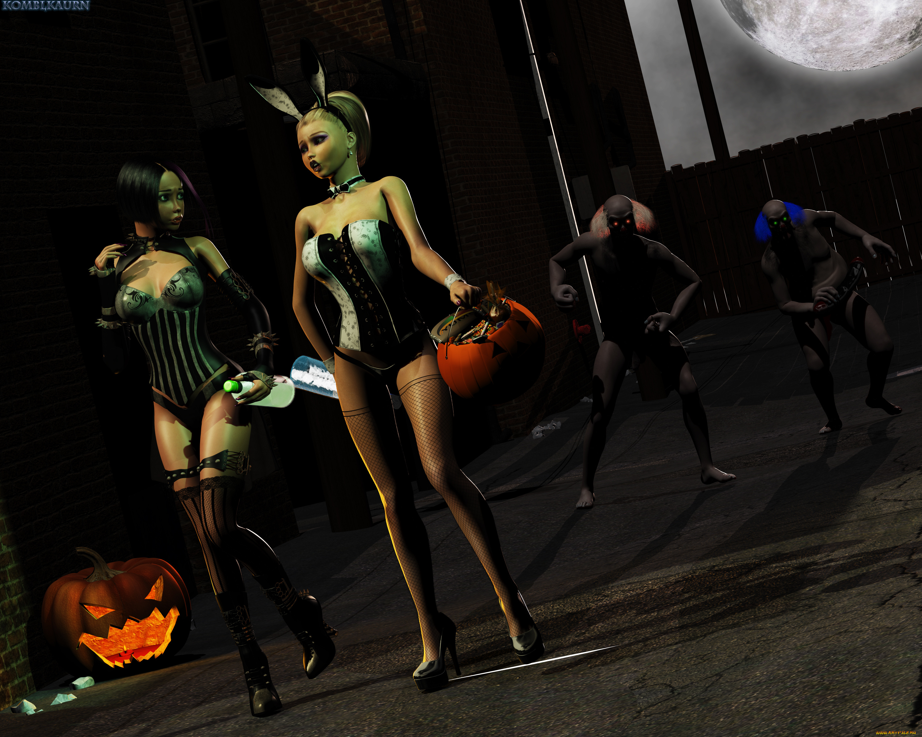 3д, графика, праздники, , holidays, девушка, взгляд, фон, существа, halloween