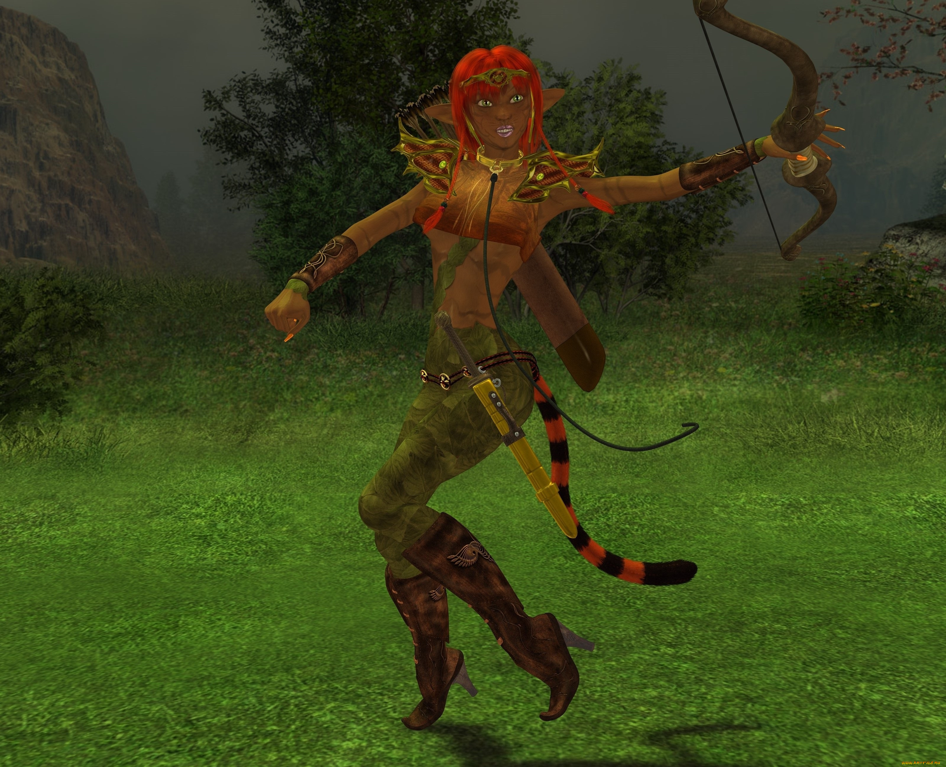 3д, графика, эльфы, , elves, взгляд, эльфийка, фон, оружие