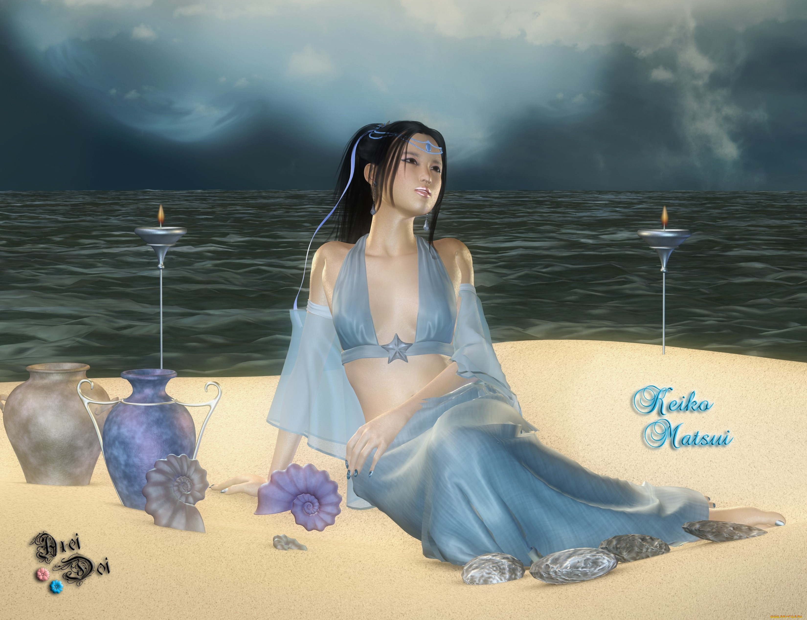 3д, графика, люди, , people, море, песок, девушка, фон, взгляд, ракушки, амфоры