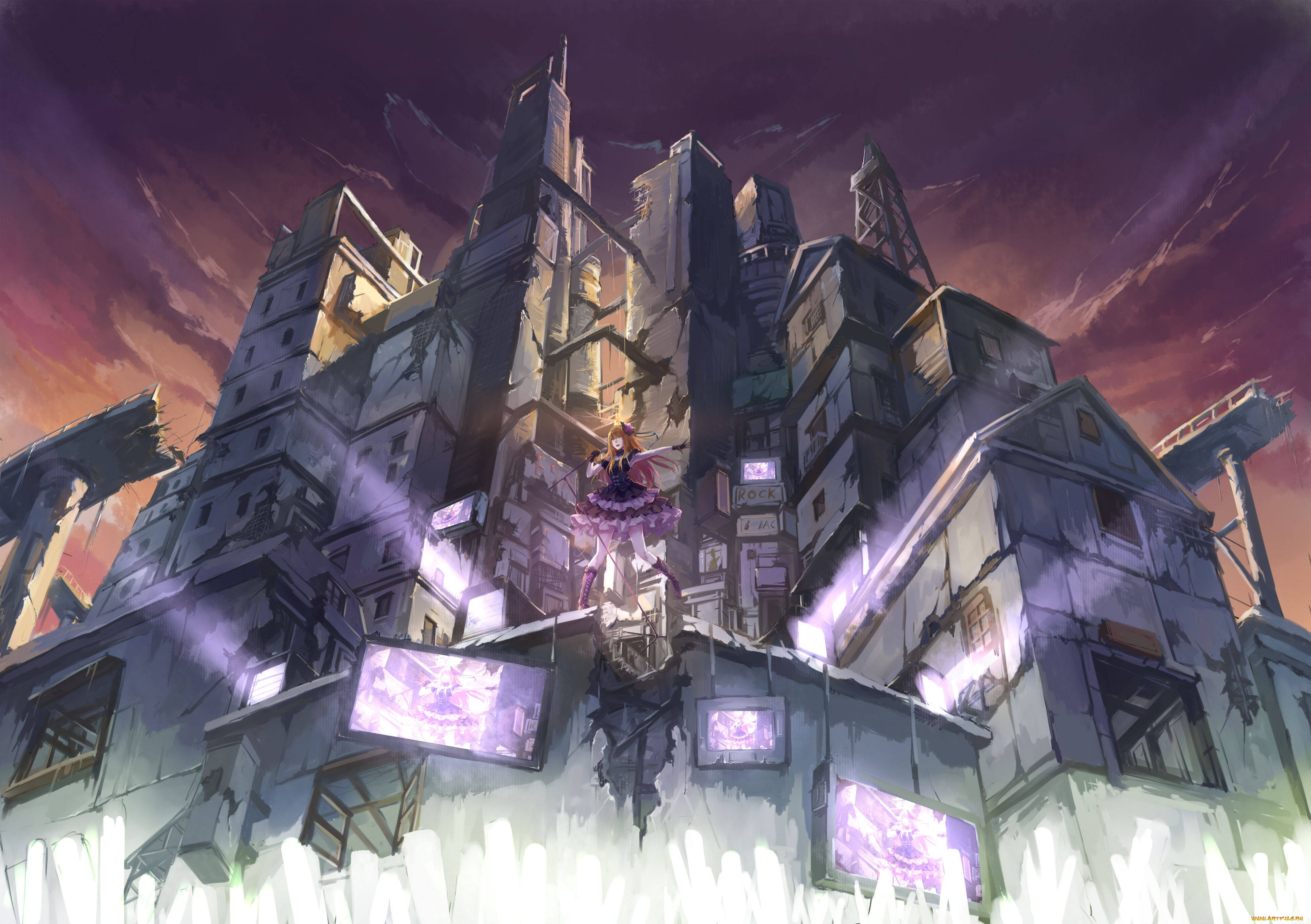 аниме, idolm@ster, телевизор, девушка, дома, здания, город, музыка, песня, облака, микрофон, платье, бант, cinderella, girls, shibuya, rin, xinuo, небо, руины