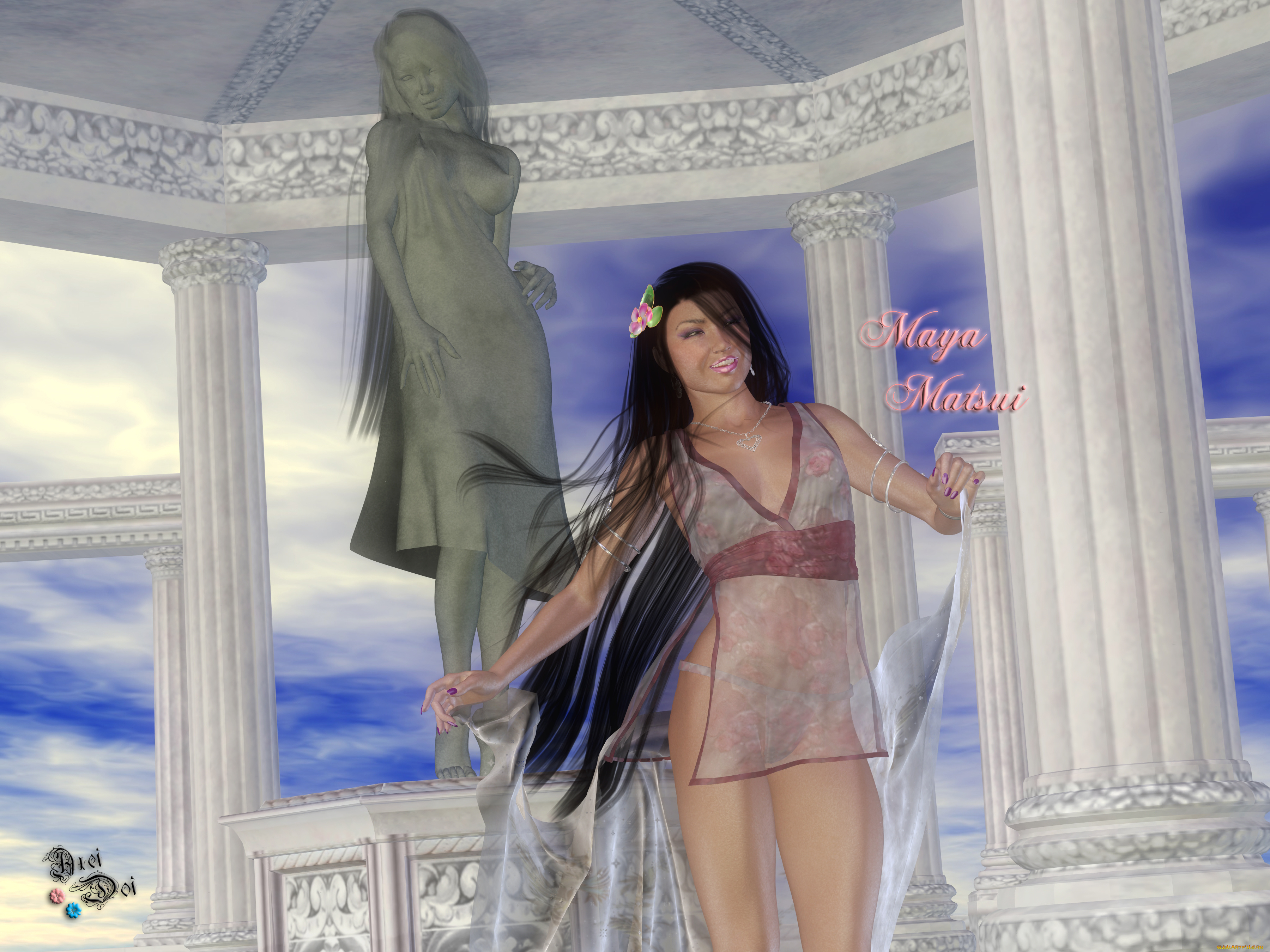 3д, графика, люди, , people, колоны, скульптура, фон, взгляд, девушка