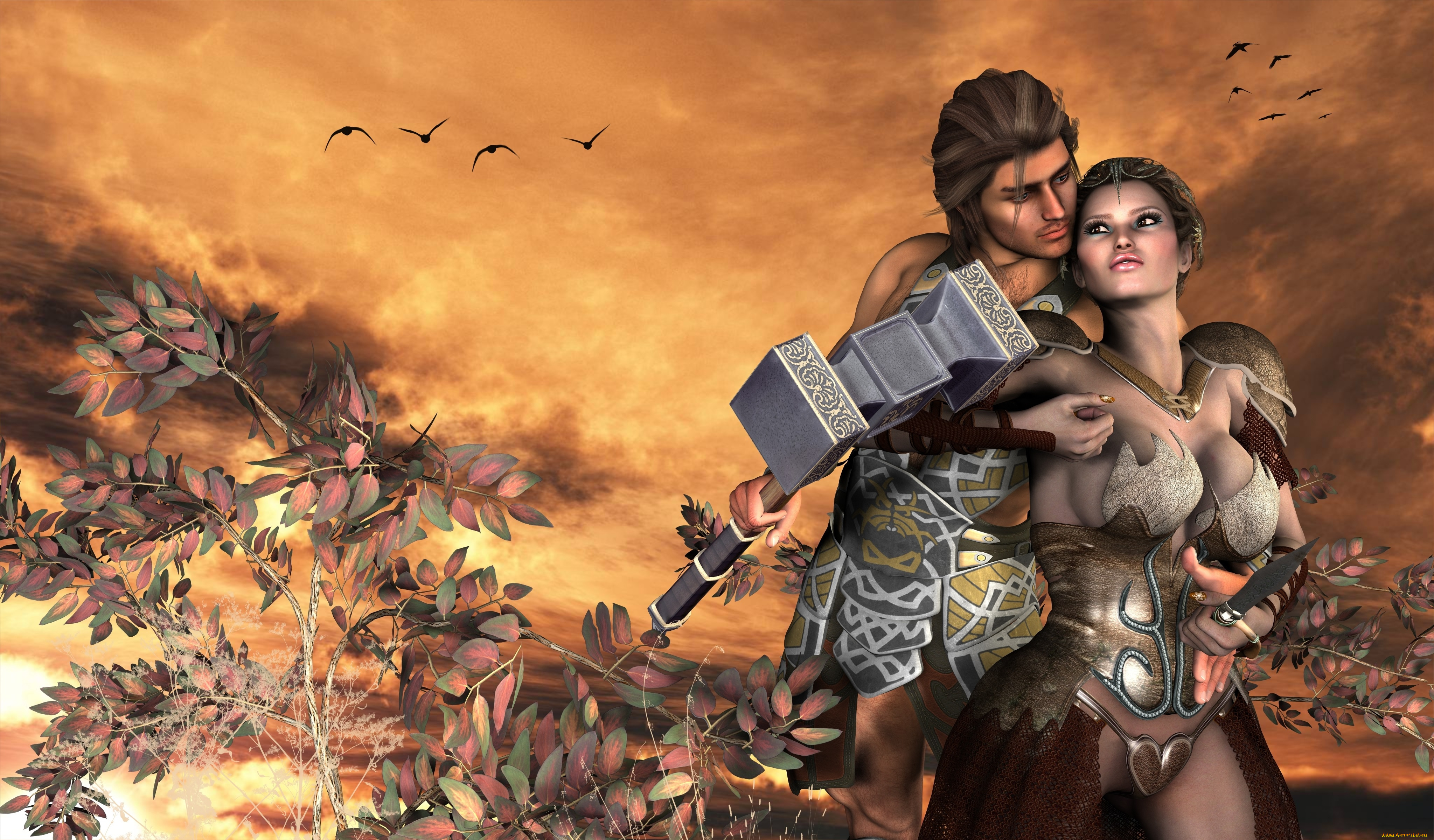 3д, графика, амазонки, , amazon, птицы, оружие, мужчина, фон, закат, ветки, взгляд, девушка