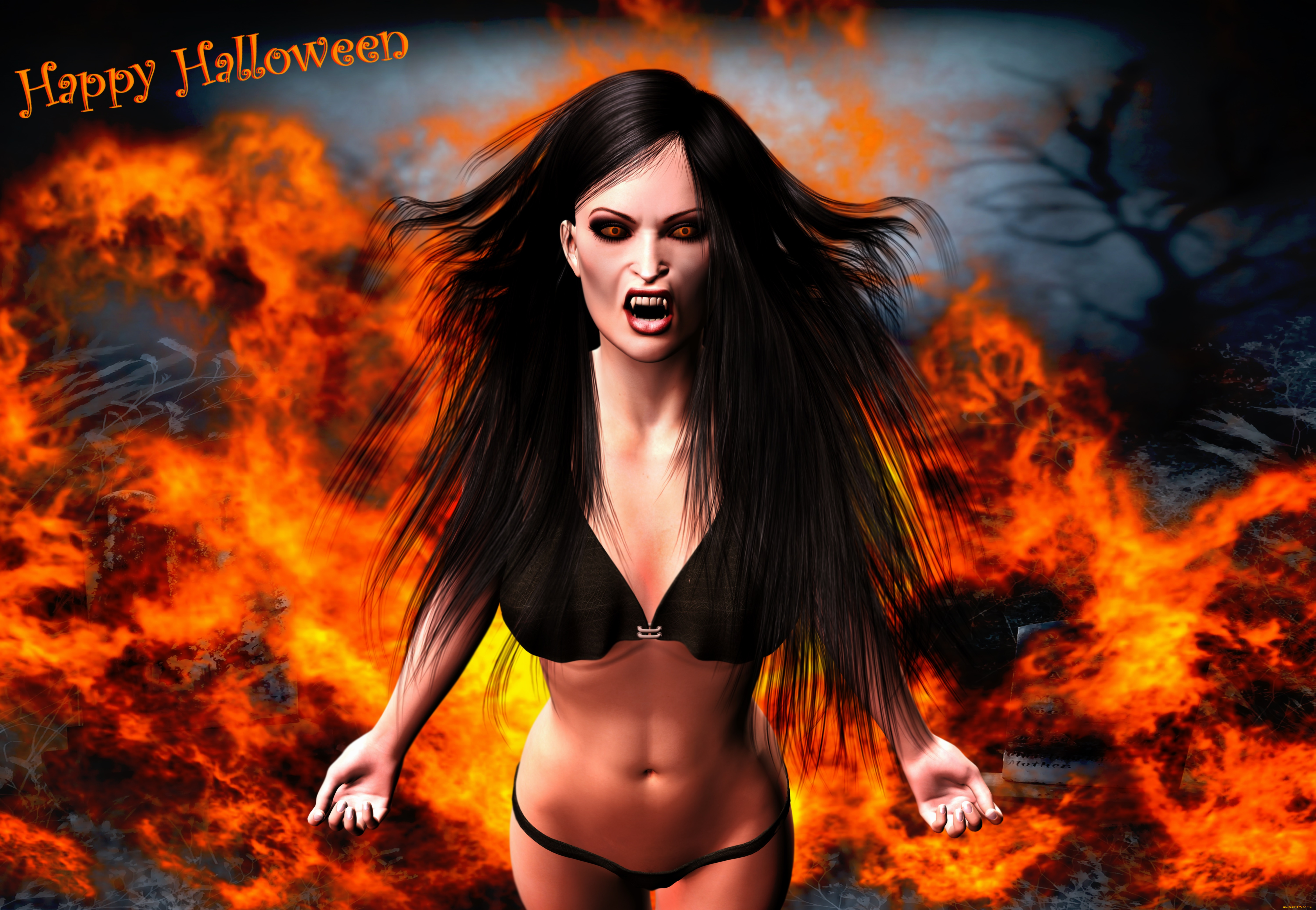 3д, графика, праздники, , holidays, огонь, вампир, фон, взгляд, девушка