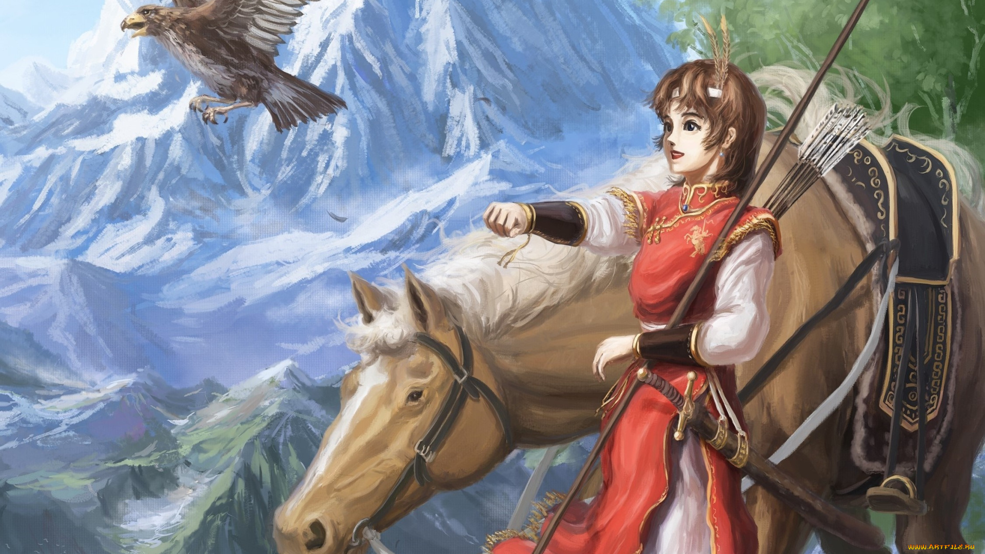 рисованное, люди, фон, девушка, взгляд, горы, орел, лошадь