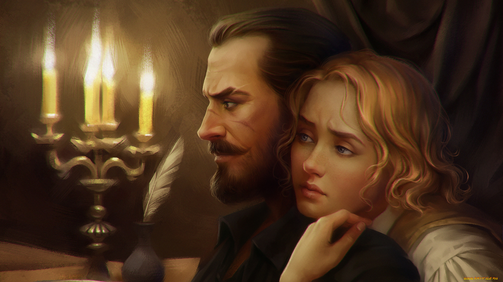 рисованное, люди, профиль, свечи, взгляд, девушка, мужчина, арт, перо