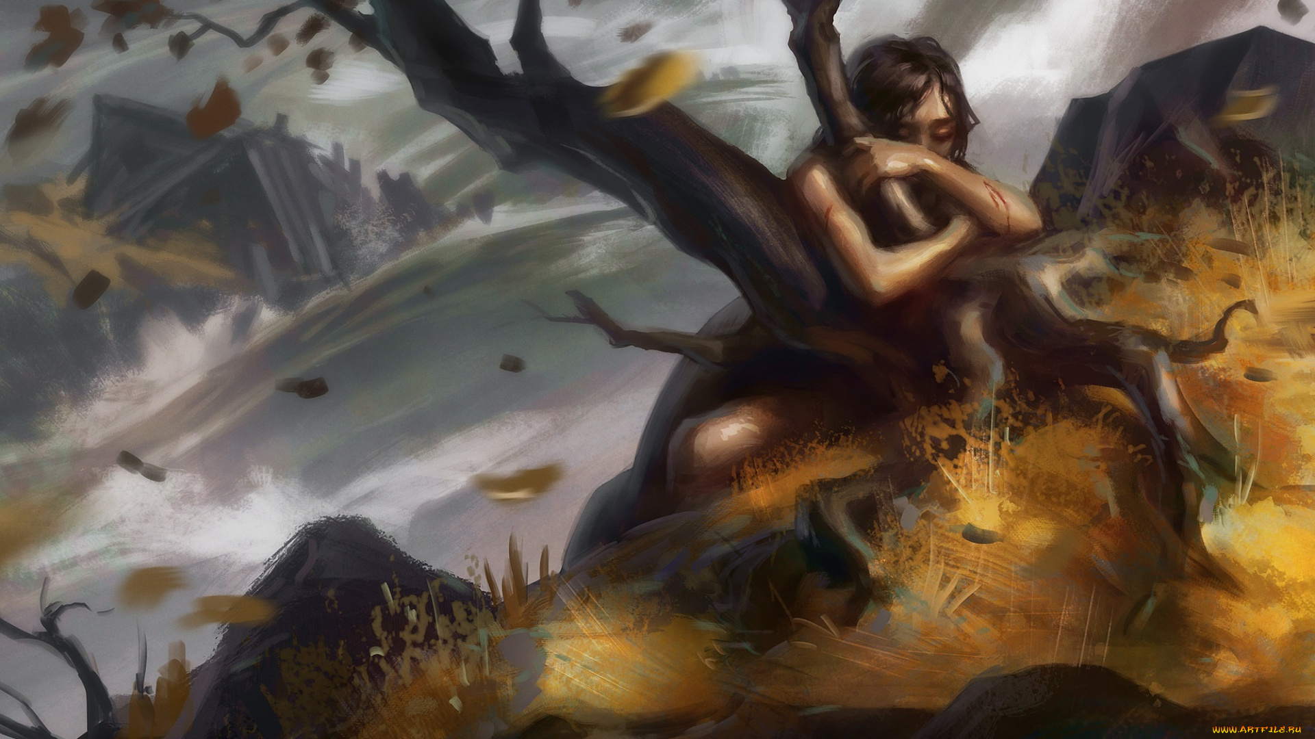 рисованное, люди, пропасть, брызги, вода, листья, дерево, держится, девушка