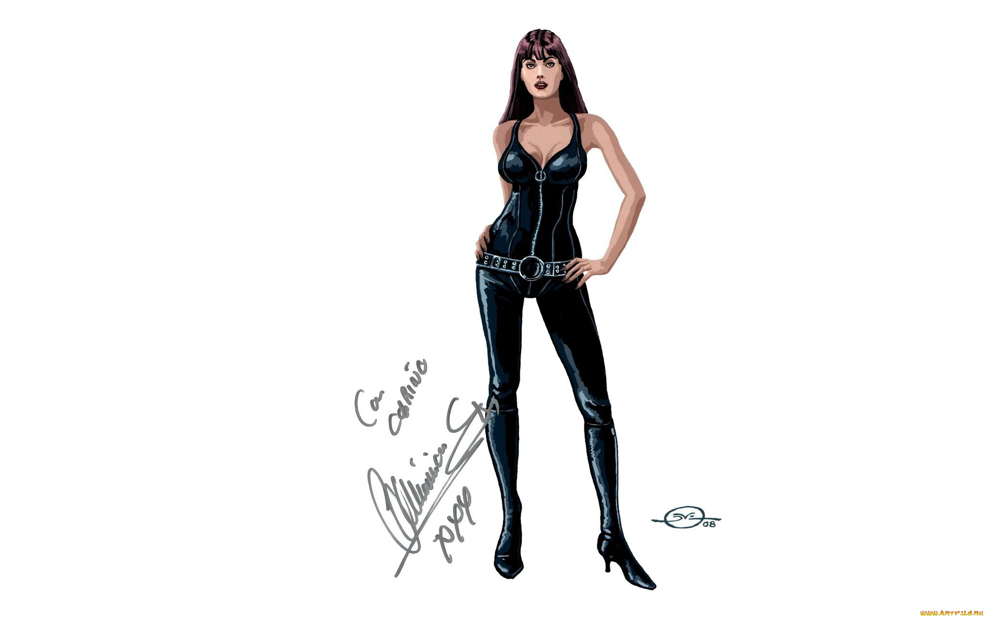 рисованное, люди, девушка, костюм, сапоги, пояс