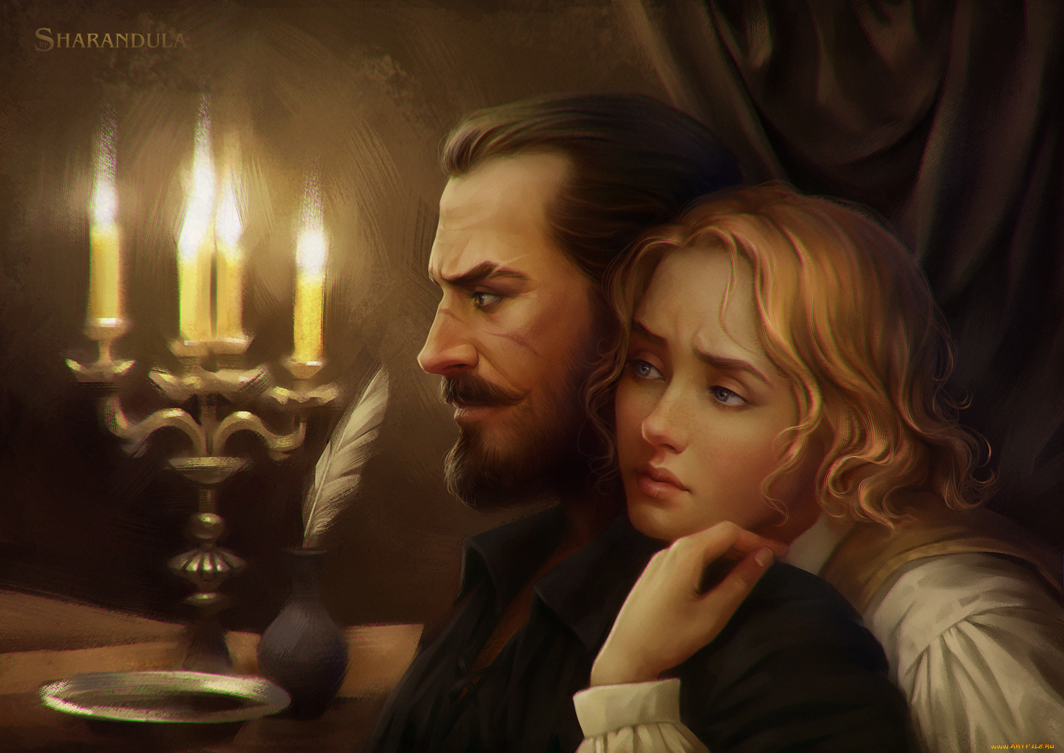 рисованное, люди, профиль, свечи, взгляд, девушка, мужчина, арт, перо