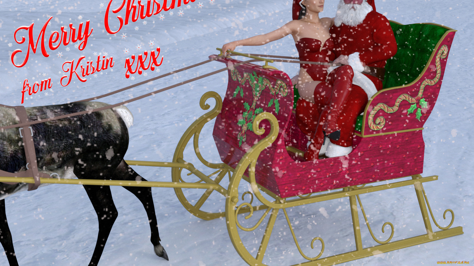 3д, графика, праздники, , holidays, санки, фон, санта, клаус, снег, девушка, взгляд