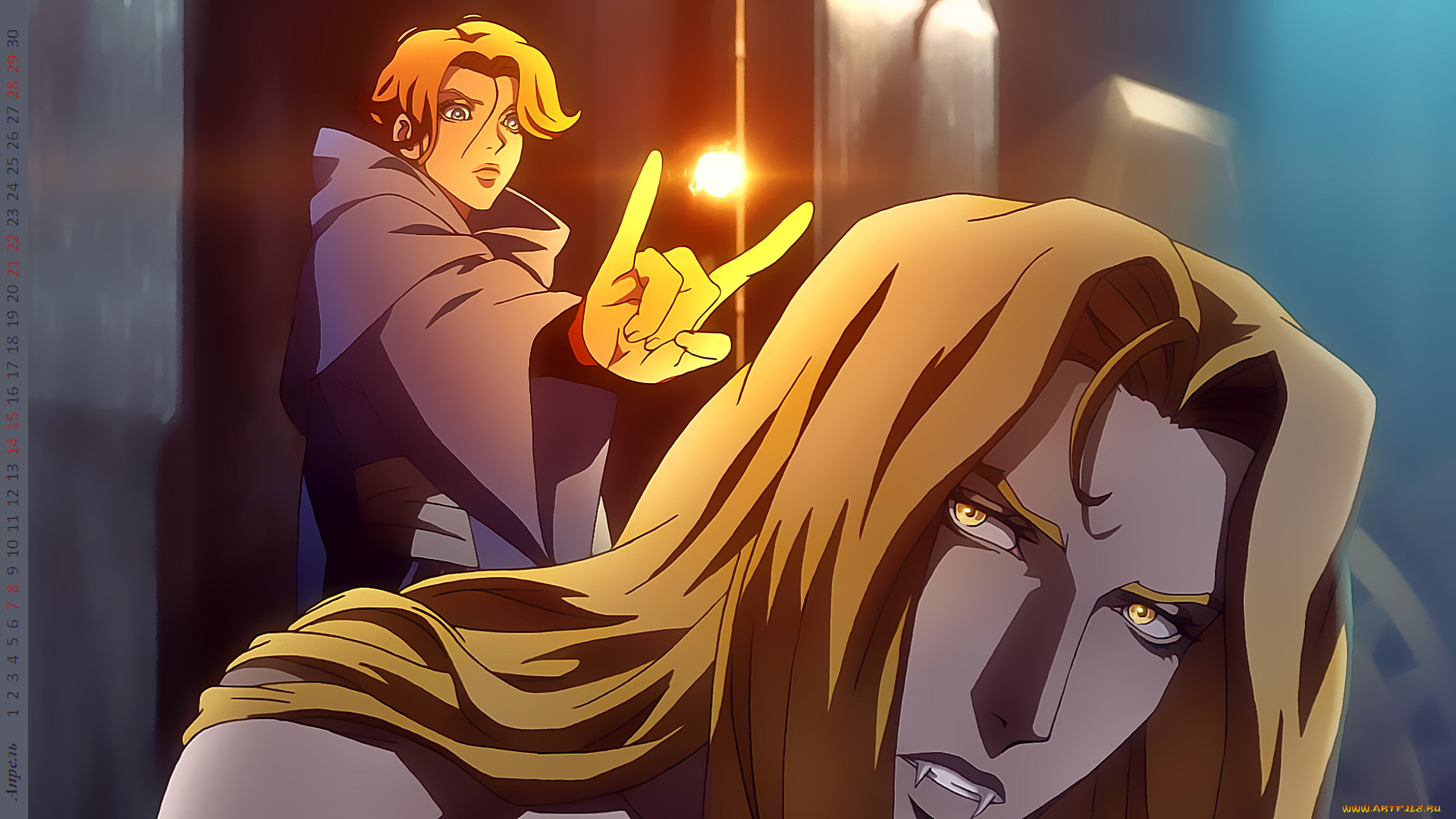 календари, аниме, девушка, магия, лицо, вампир, мужчина, взгляд