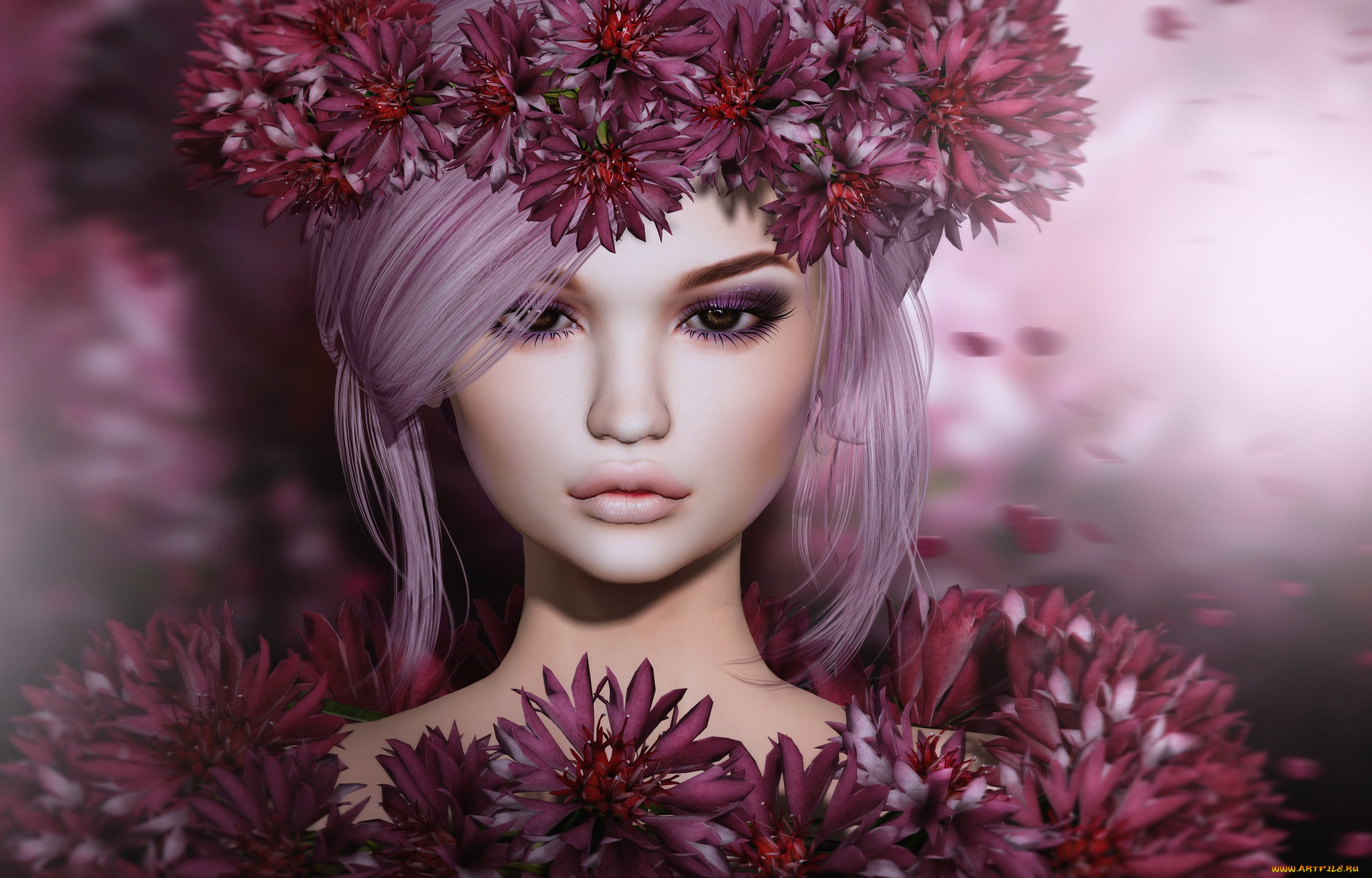 3д, графика, портрет, , portraits, цветы, взгляд, лицо, фон, лепестки