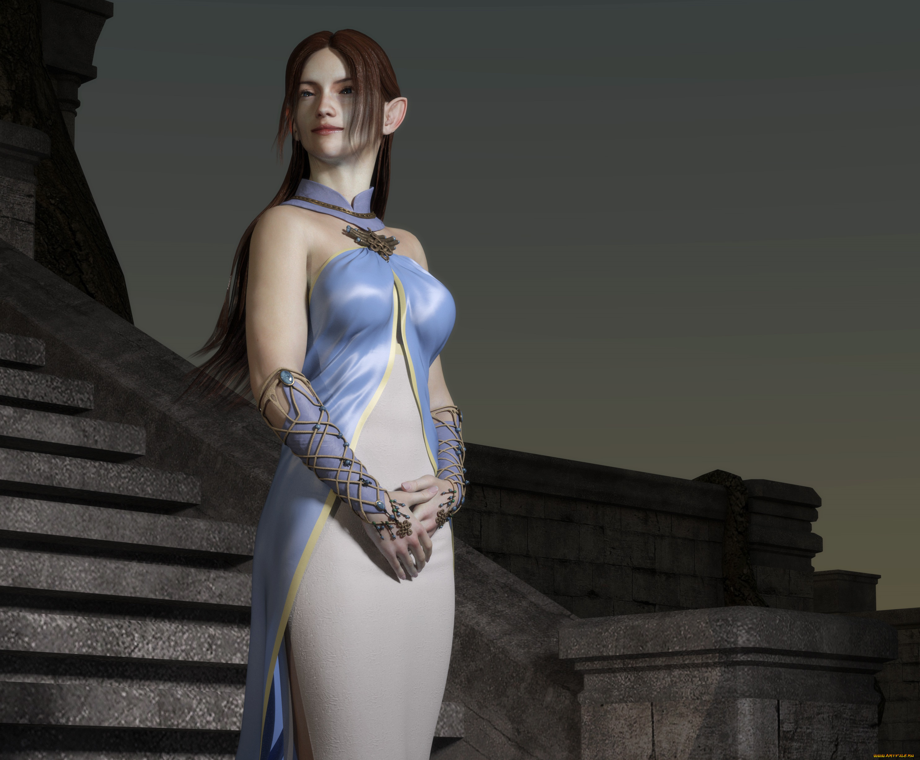 3д, графика, эльфы, , elves, фон, взгляд, эльфийка