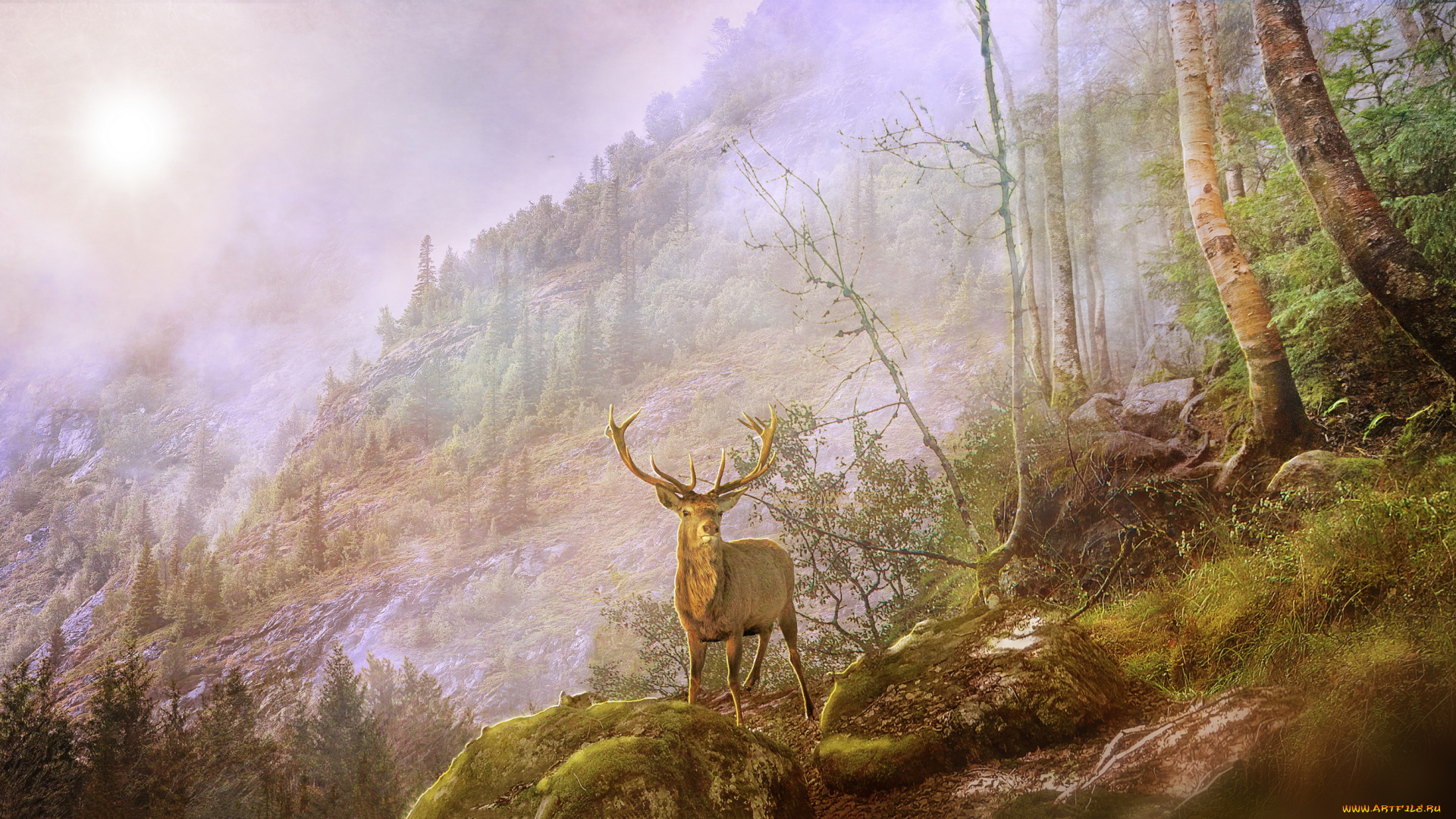 разное, компьютерный, дизайн, природа, гора, олень, фон