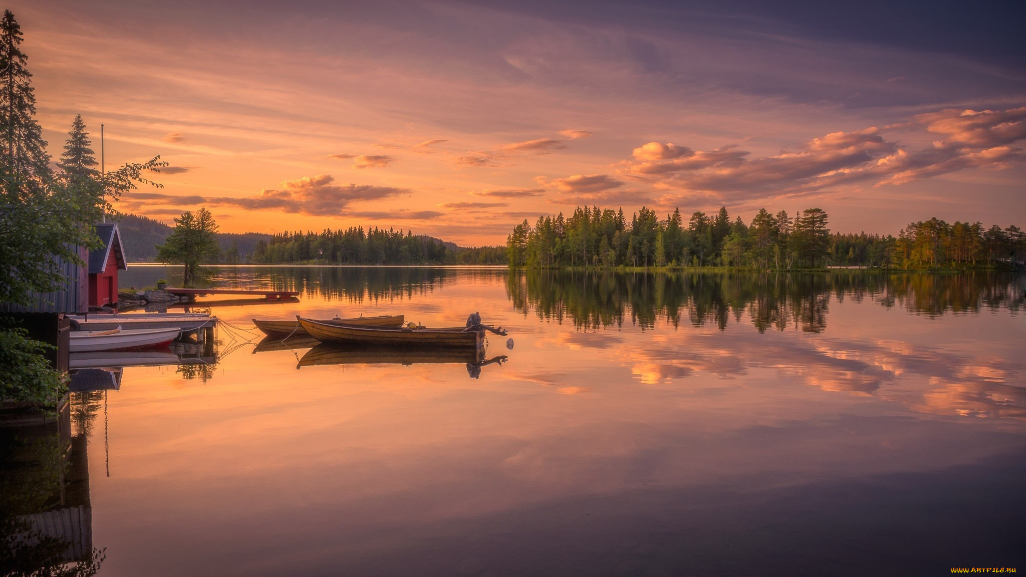 корабли, лодки, , шлюпки, закат, озеро