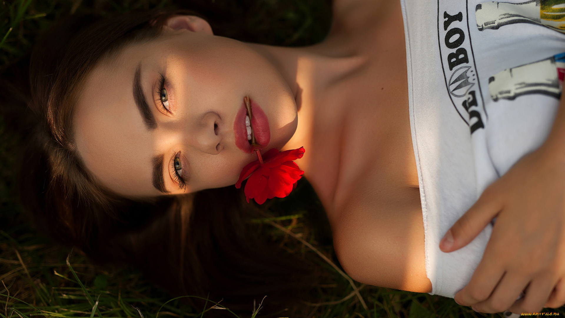 девушки, -, брюнетки, , шатенки, майка, поза, взгляд, цветок