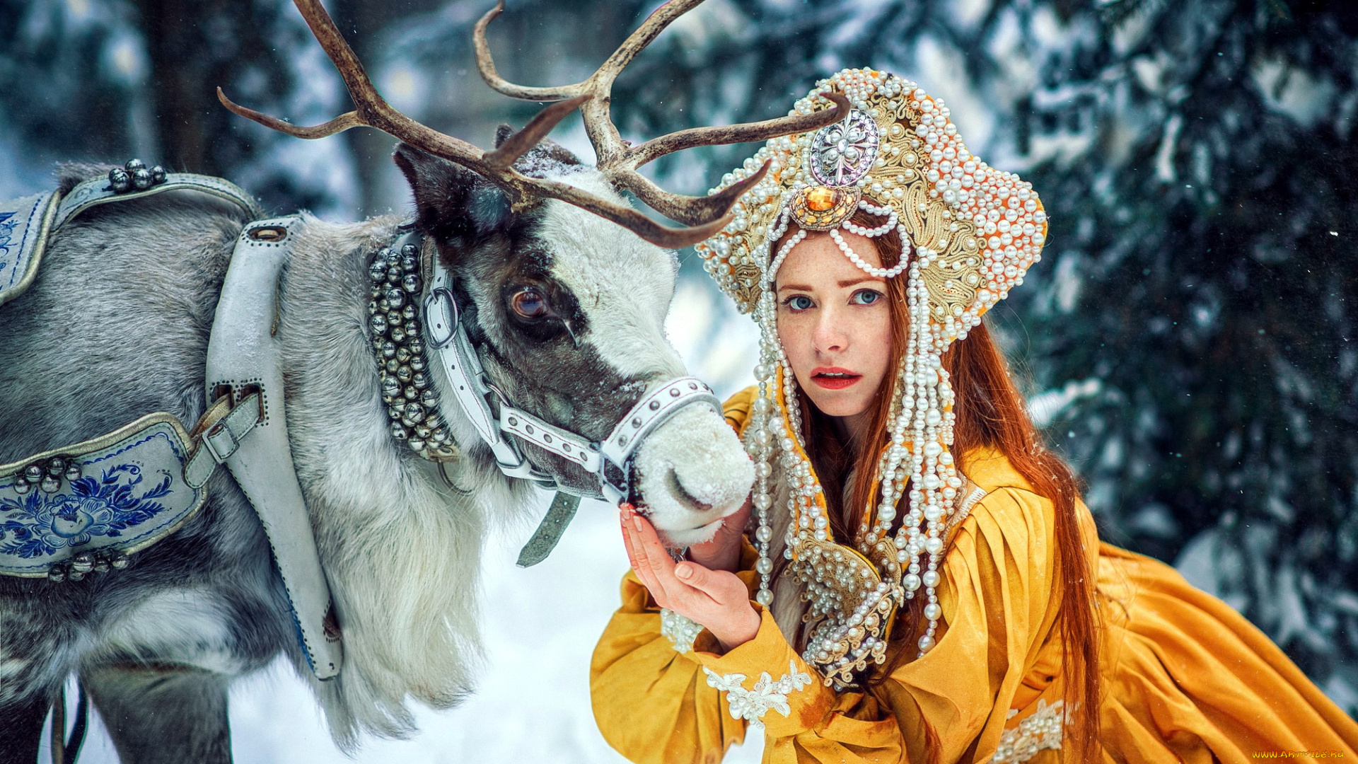 девушки, -, креатив, , косплей, олень, кокошник, косплей