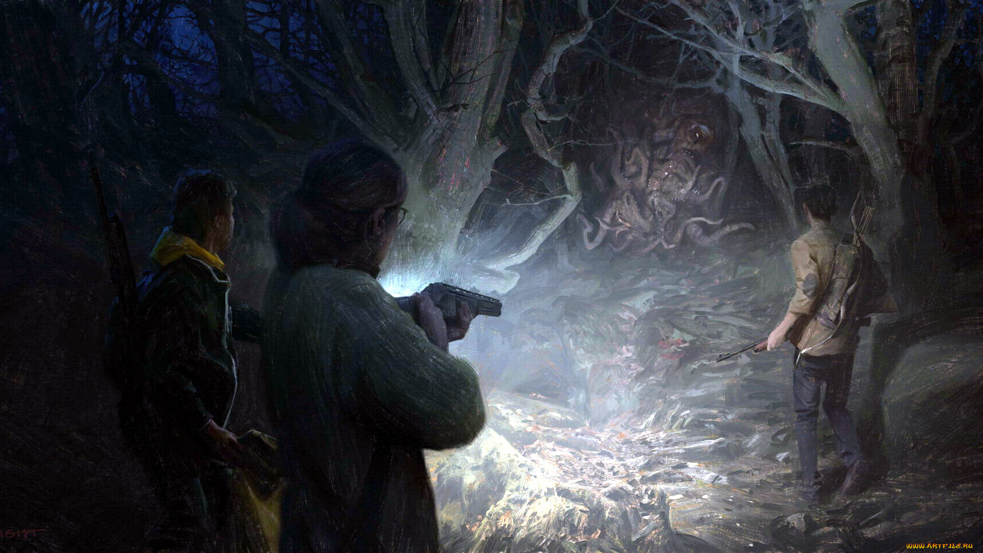 фэнтези, существа, люди, охотники, оружие, лес, монстр