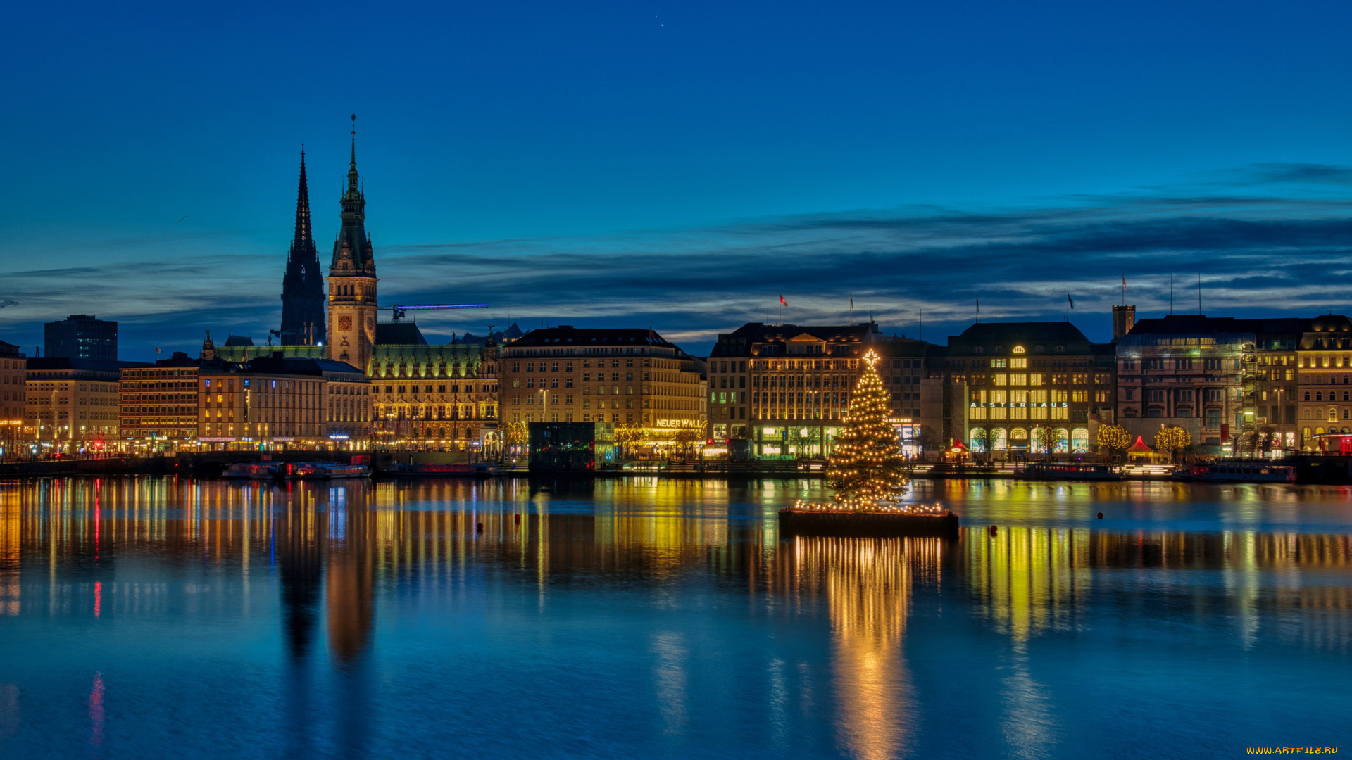 города, гамбург, , германия, река, елка, вечер, огни