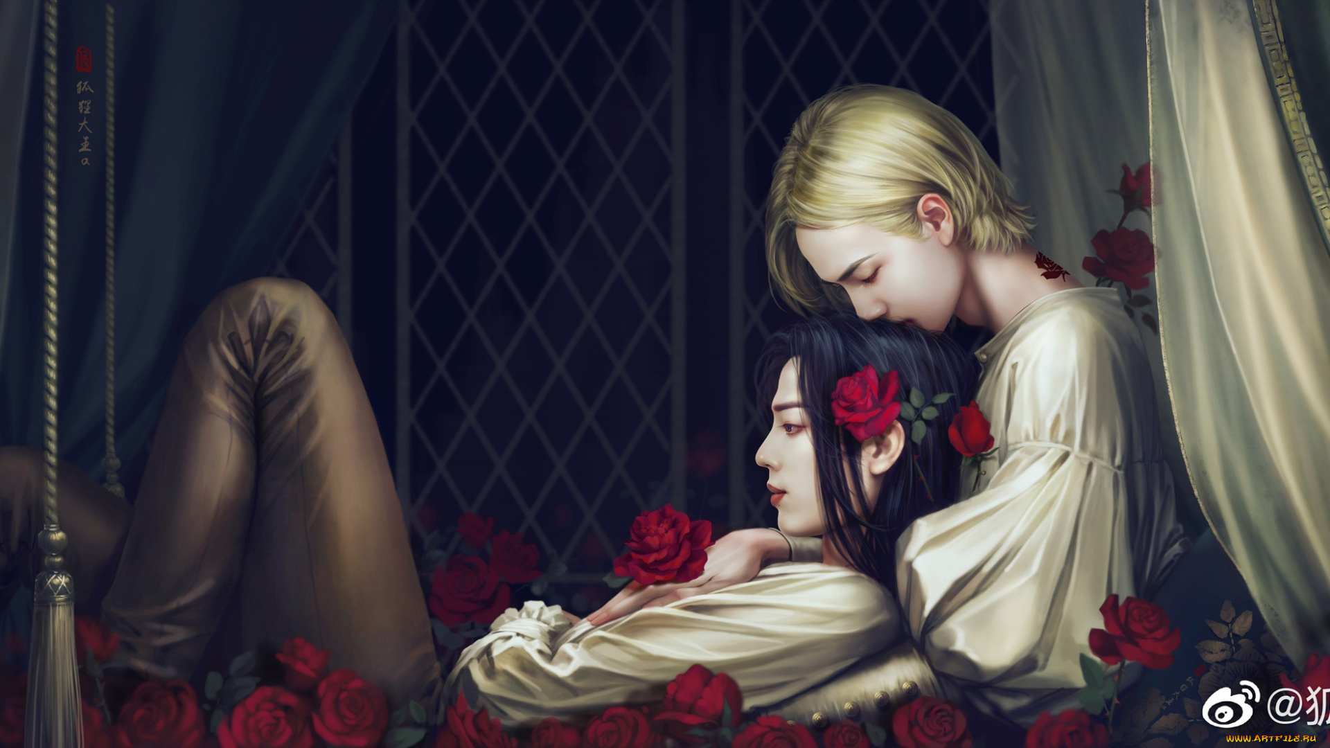 рисованное, люди, парни, шторы, розы, цветы