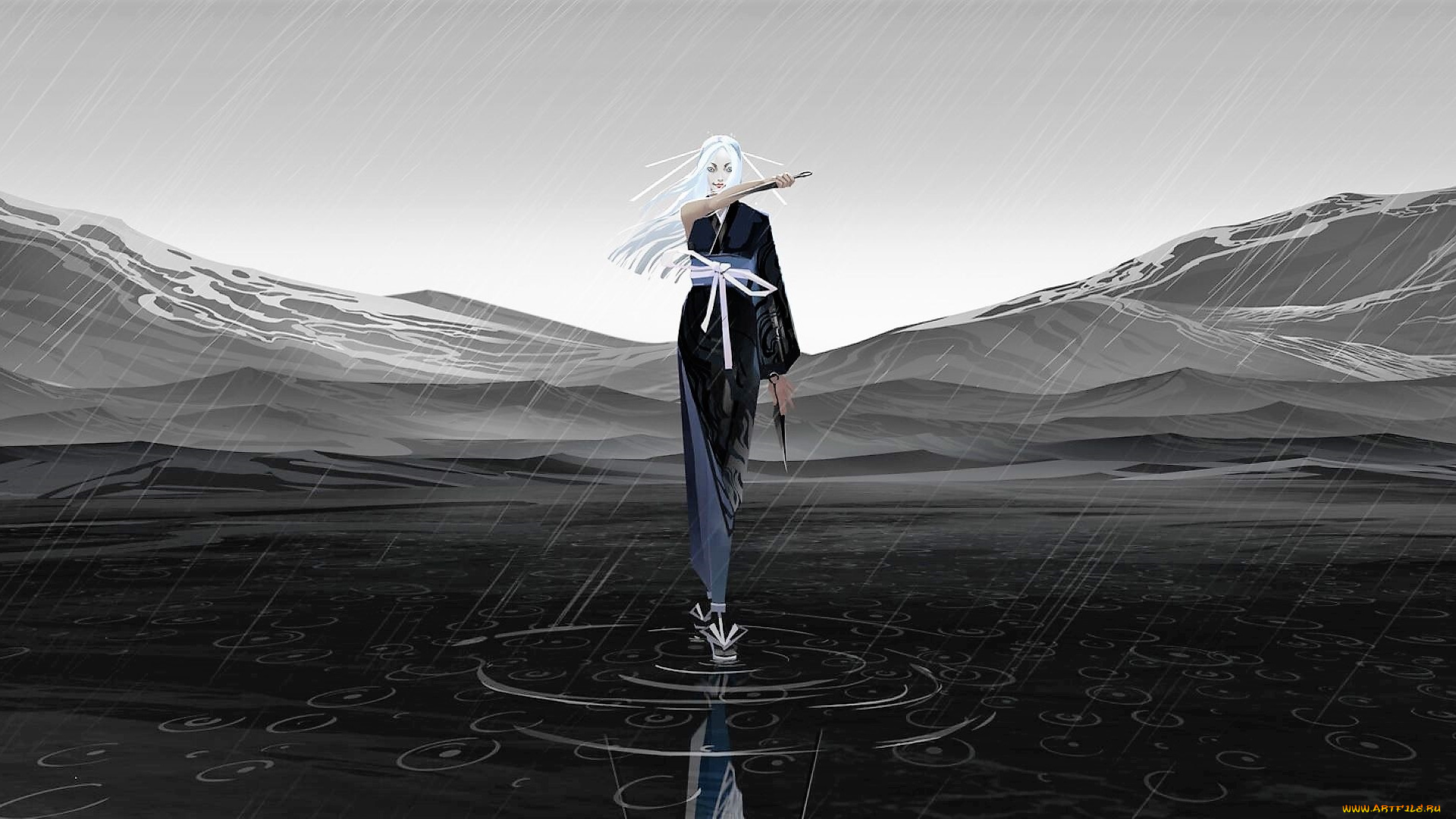 аниме, оружие, , техника, , технологии, девушка, кимоно, дождь, горы, озеро