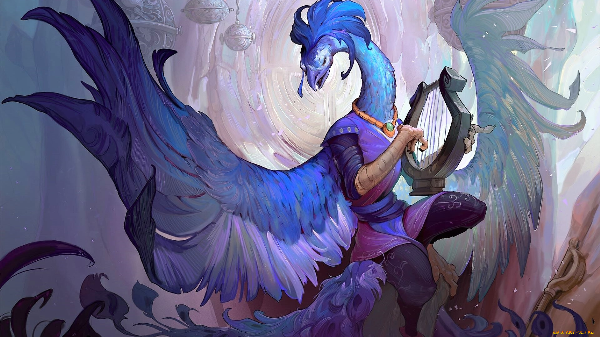 фэнтези, существа, птица, инструмент, менестрель