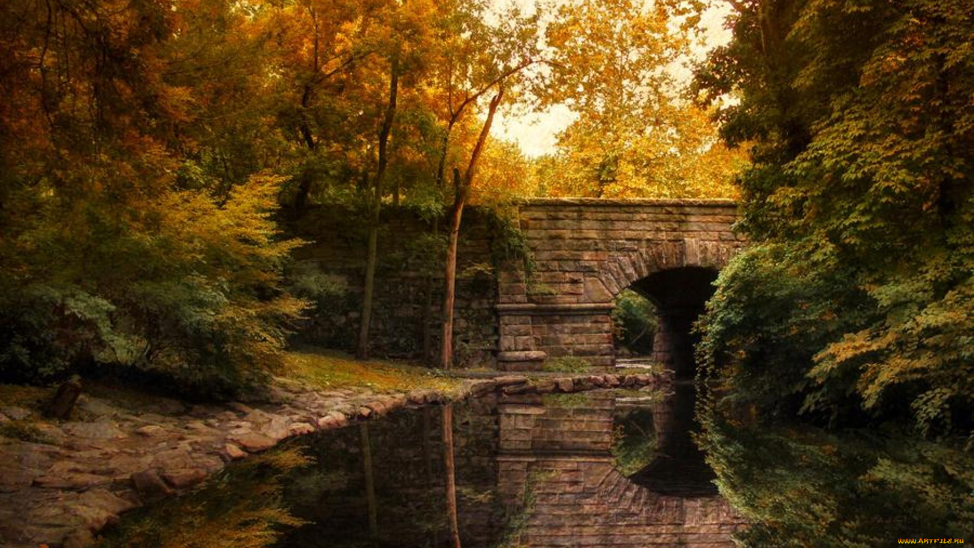 города, -, мосты, мост, речка, деревья, осень