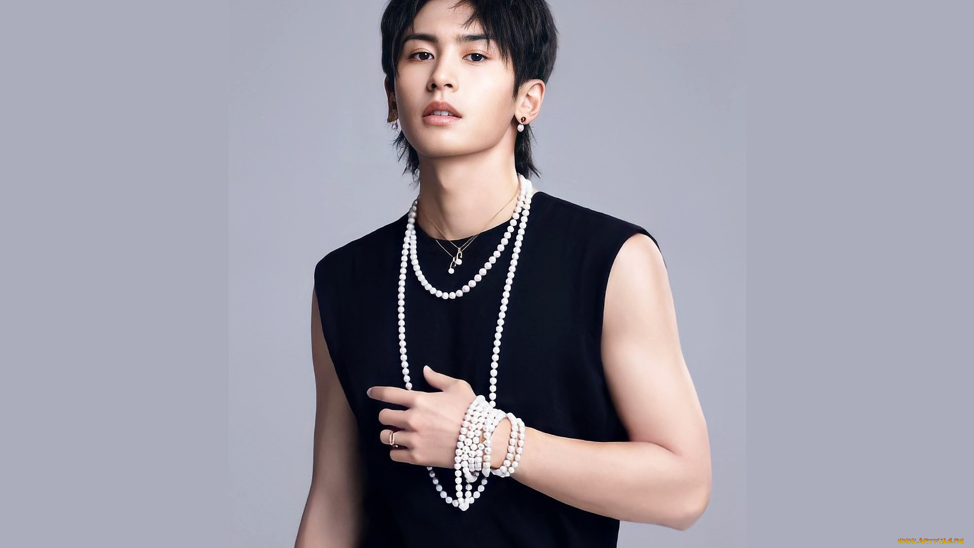 мужчины, gong, jun, |, simon, gong, актер, футболка, бусы, жемчуг