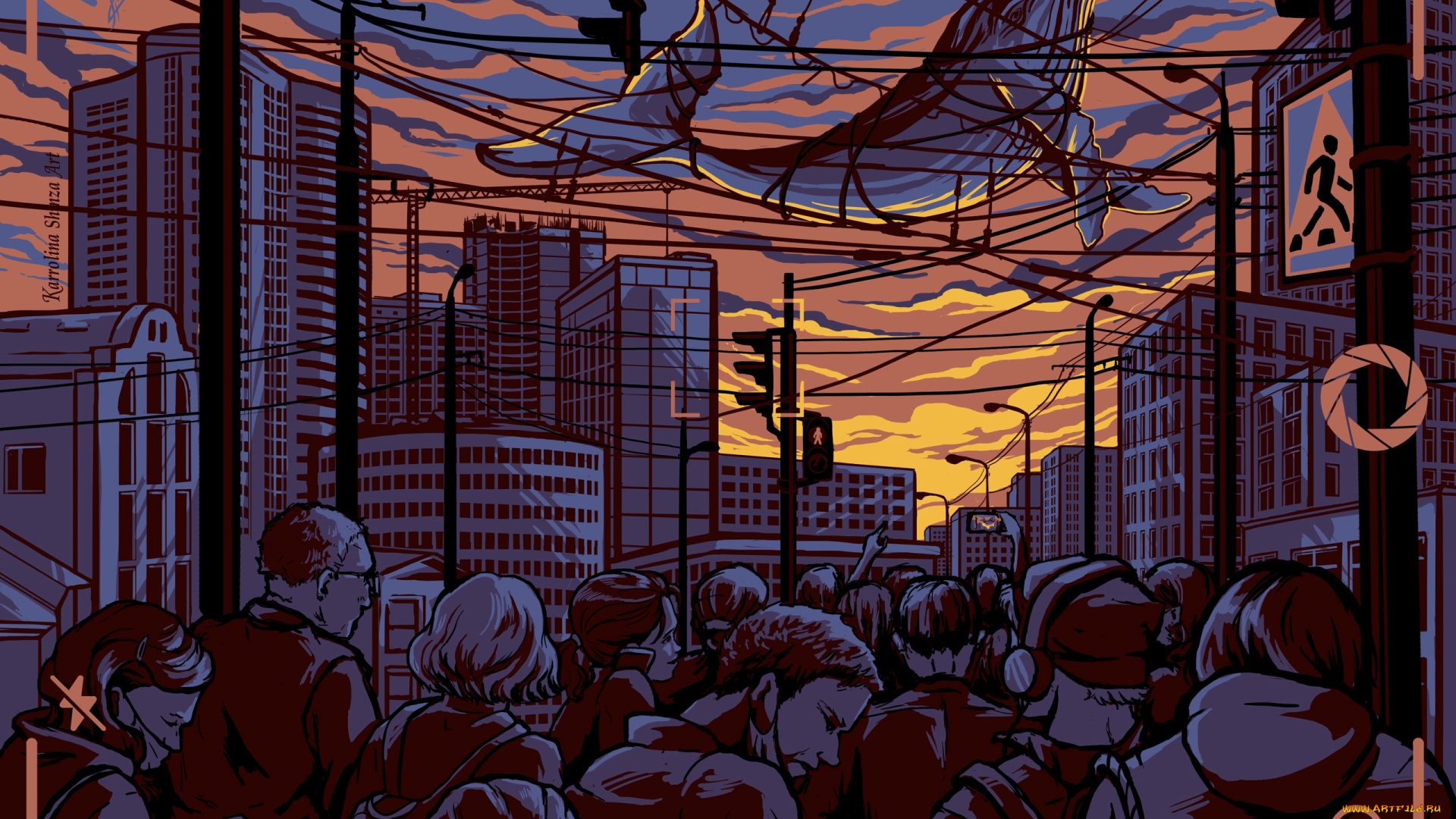 рисованное, люди, толпа, город, кит, провода