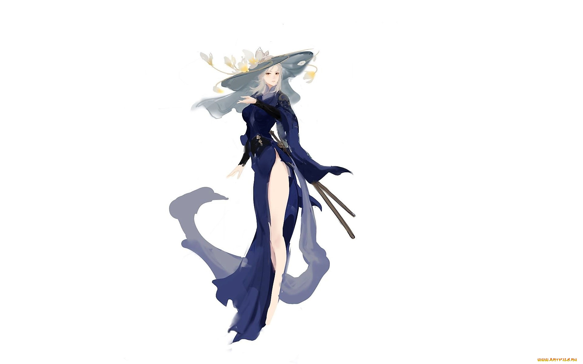 аниме, unknown, , другое, , девушка, шляпа, цветы, мечи